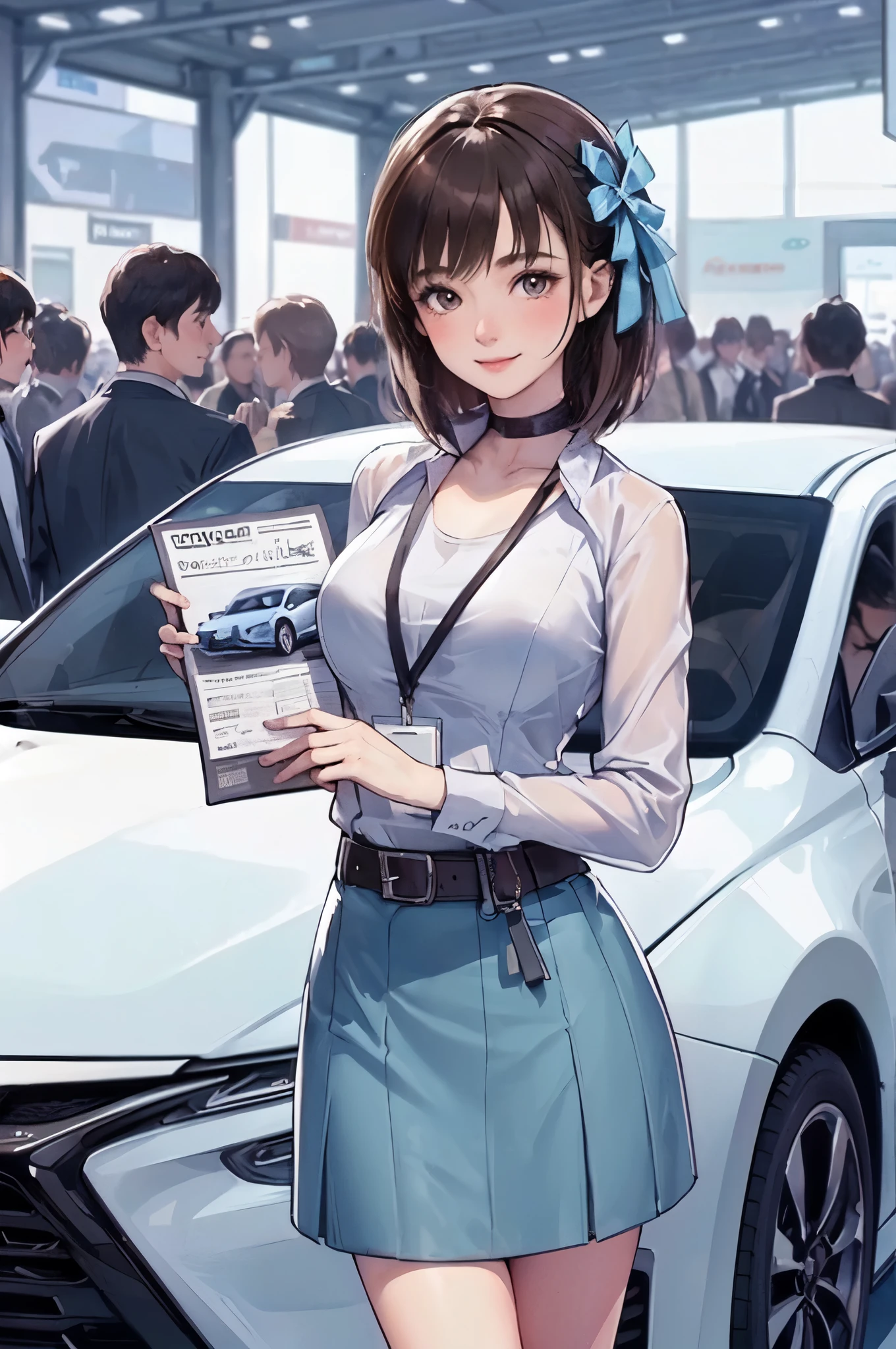 A woman in a blue skirt holding a magazine in front of a car - SeaArt AI