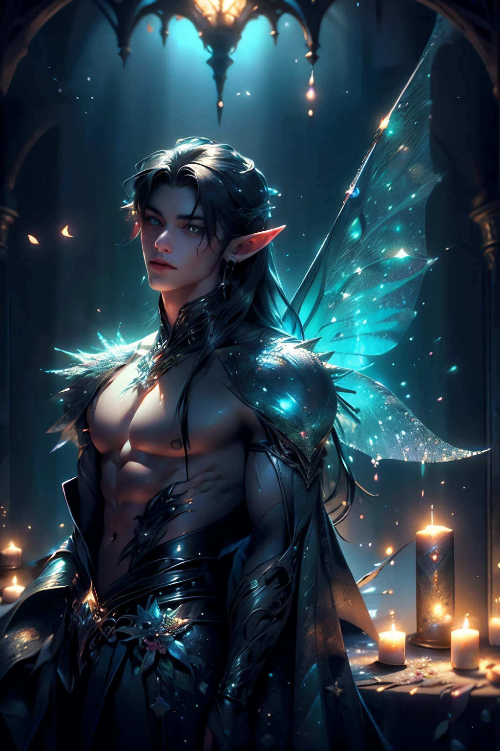 ((Best quality)), ((masterpiece)), (detailed), ((perfect face)), ((halfbody)) perfect proporcions, he is a handsome man, he is a fairy, with large transparent wings, he has fairy wings, he is 18 years old, emerald eyes, attractive face, dark skin, straight black hair, long hair, He has pointy ears, he wears costume jewelry, he is a beautiful fairy man, bare chest, transparent wings and large, there is a gothic library background behind him and lit candles ((perfect face))