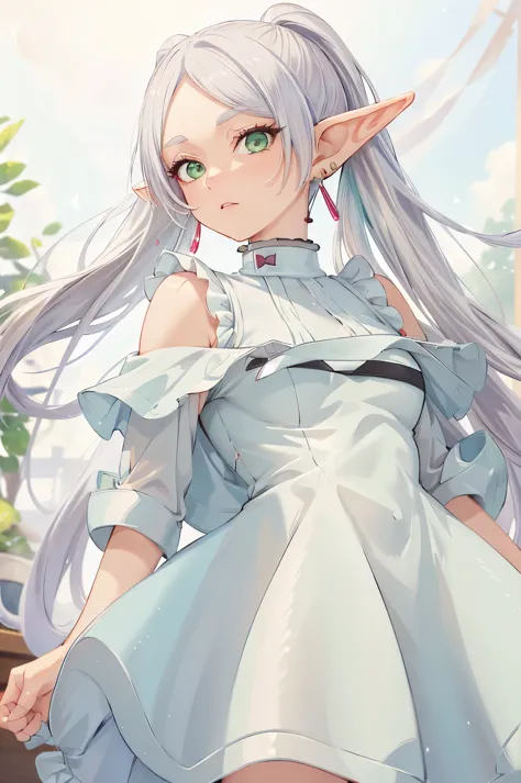 ((masterpiece)), (highest quality), High resolution, super detailed, disorganized, 2D freeze, 1 girl, earrings, goblin, long hair, pointed ears, alone, twin tails, green eyes, earrings, gray hair, looking at the viewer, (white one piece dress:1.3), (white ...