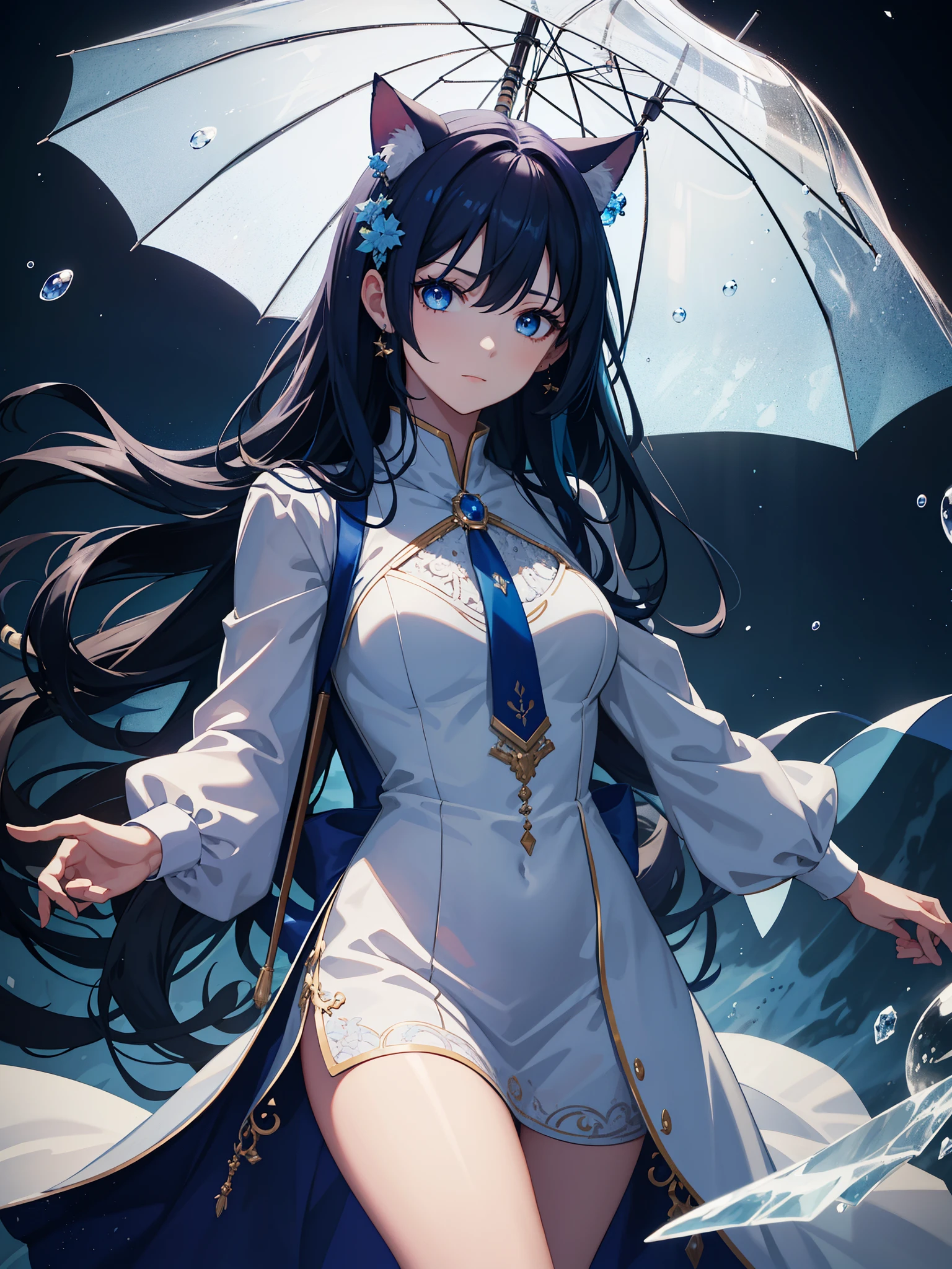 masterpiece, high quality portraits, 3D realistic CG, 16k, dramatic lighting, intricate details，Deep blue hair， (bykekitopu),In a trance,Award-winning, best quality, high resolution，cat ears，Downward hairy hair，Princess-like but plain attire，blue eyes，Scenes，rainy night,long hair，blurred，Not exposed，Holding an umbrella，ice，Deep blue hair，Deep blue hair，Deep blue hair，Deep blue hair，Deep blue hair，Deep blue hair,Umbrella in hand，ice法术，no umbrella，no umbrella，no umbrella，no umbrella，no umbrella