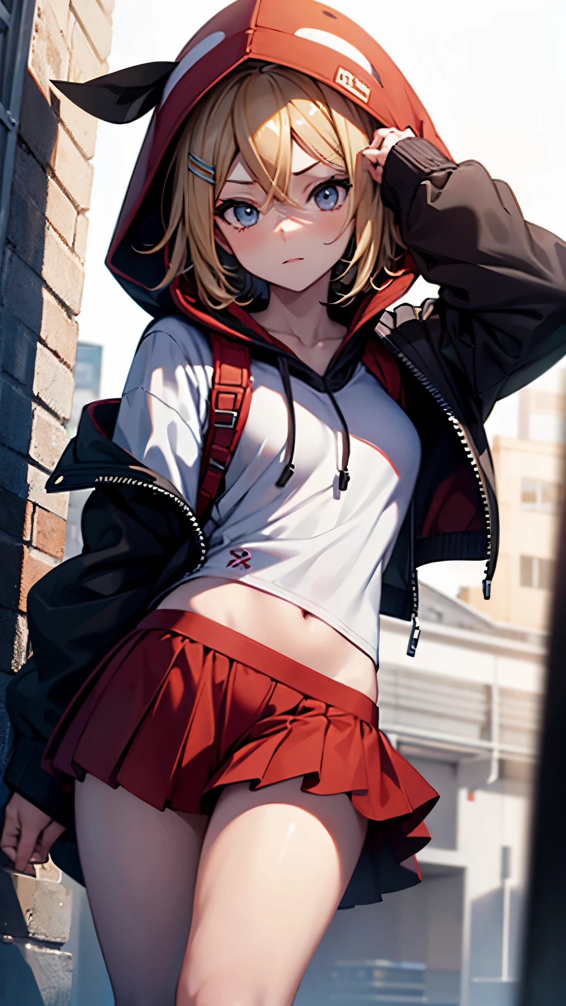 Kagamine rin , 1 girl , wearing a red hooded sweater , white miniskirt with gold horizontal lines , viendo al espectador , bragas visibles , rostro seductor ,(imagen de ultra alta calidad 8k ) obra maestra ( high-definition picture )