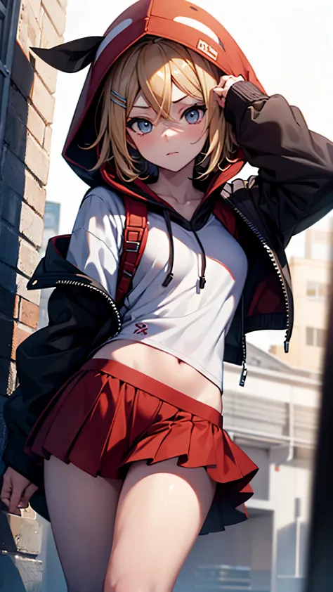 Kagamine rin , 1 girl , wearing a red hooded sweater , white miniskirt with gold horizontal lines , viendo al espectador , braga...