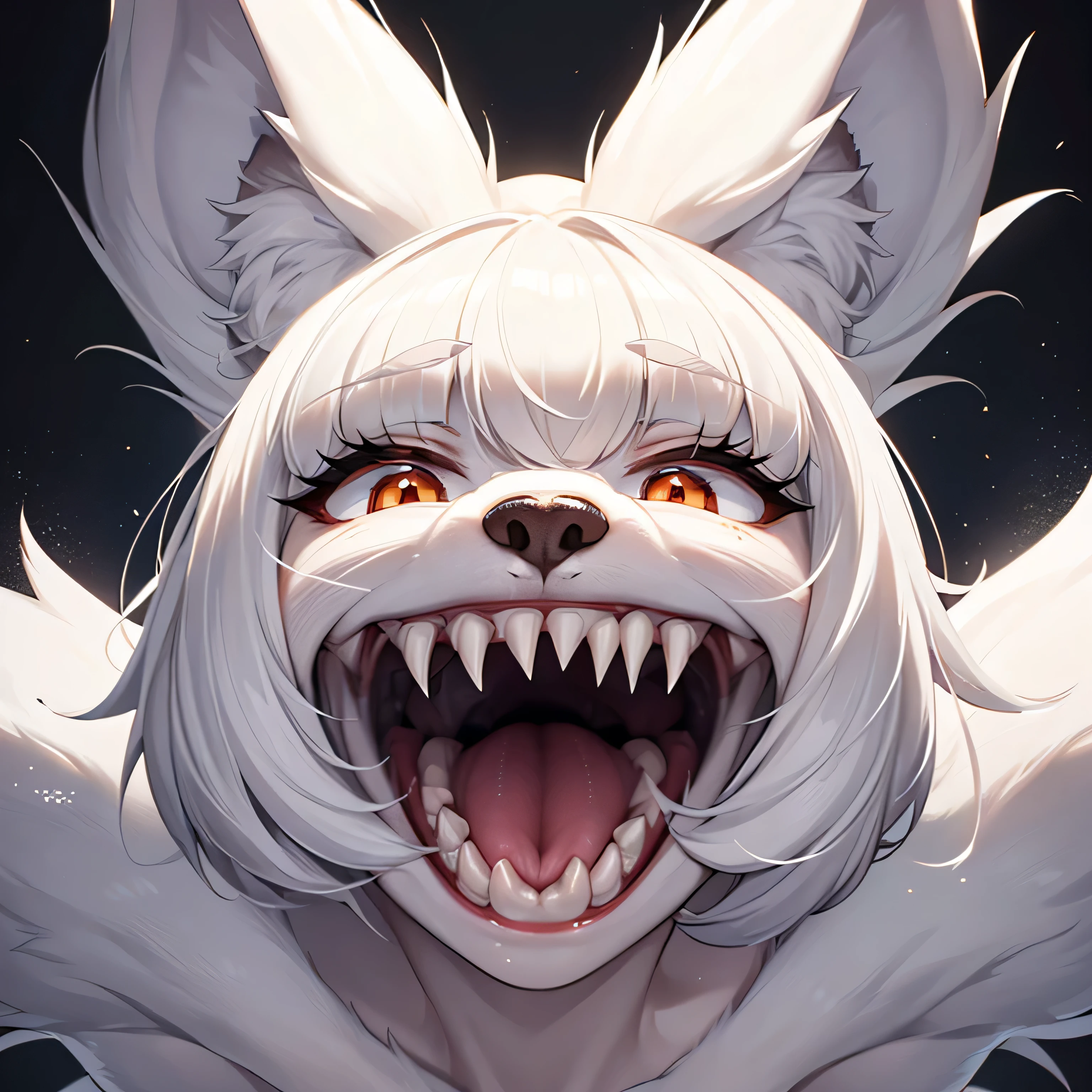 Cartoon wolf girl with open mouth showing teeth , 1 girl, ((white furry woman)), uvula, alone, animal eyes, black hair, ((saliva)), (sharp teeth), Completely naked, throw, close up face, looking at the viewer