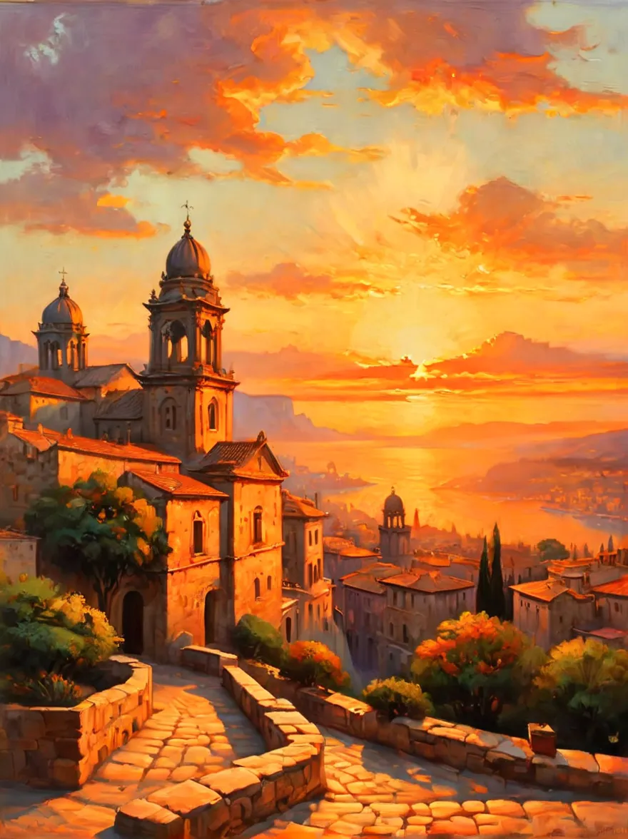 An ancient city at sunset, capturing the essence of the old town and the ambiance of the setting sun. The painting focuses on th...