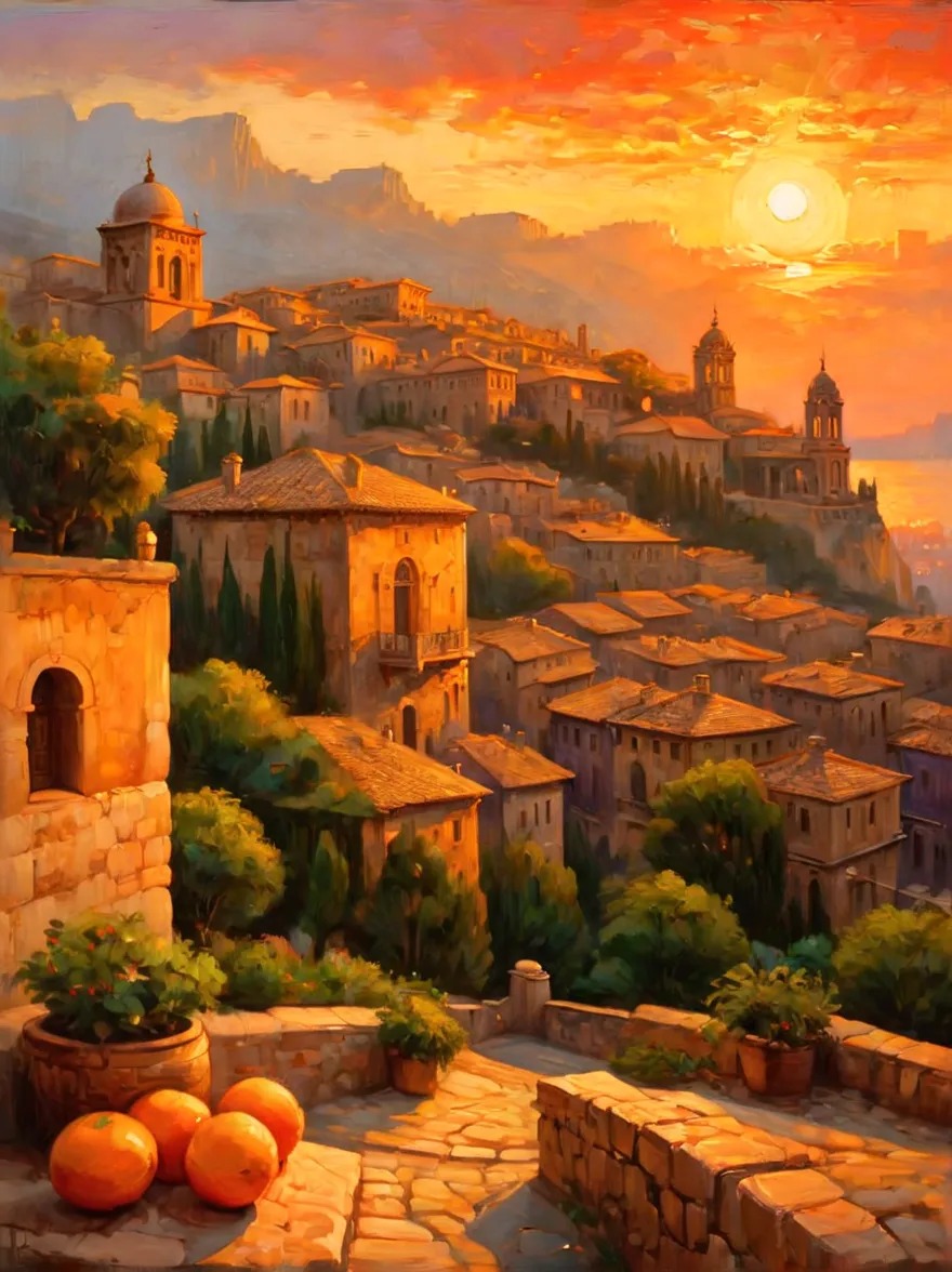 An ancient city at sunset, capturing the essence of the old town and the ambiance of the setting sun. The painting focuses on th...