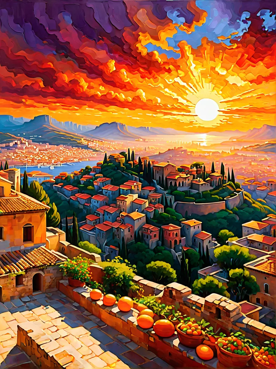 an ancient city at sunset, capturing the essence of the old town and the ambiance of the setting sun. the painting focuses on th...