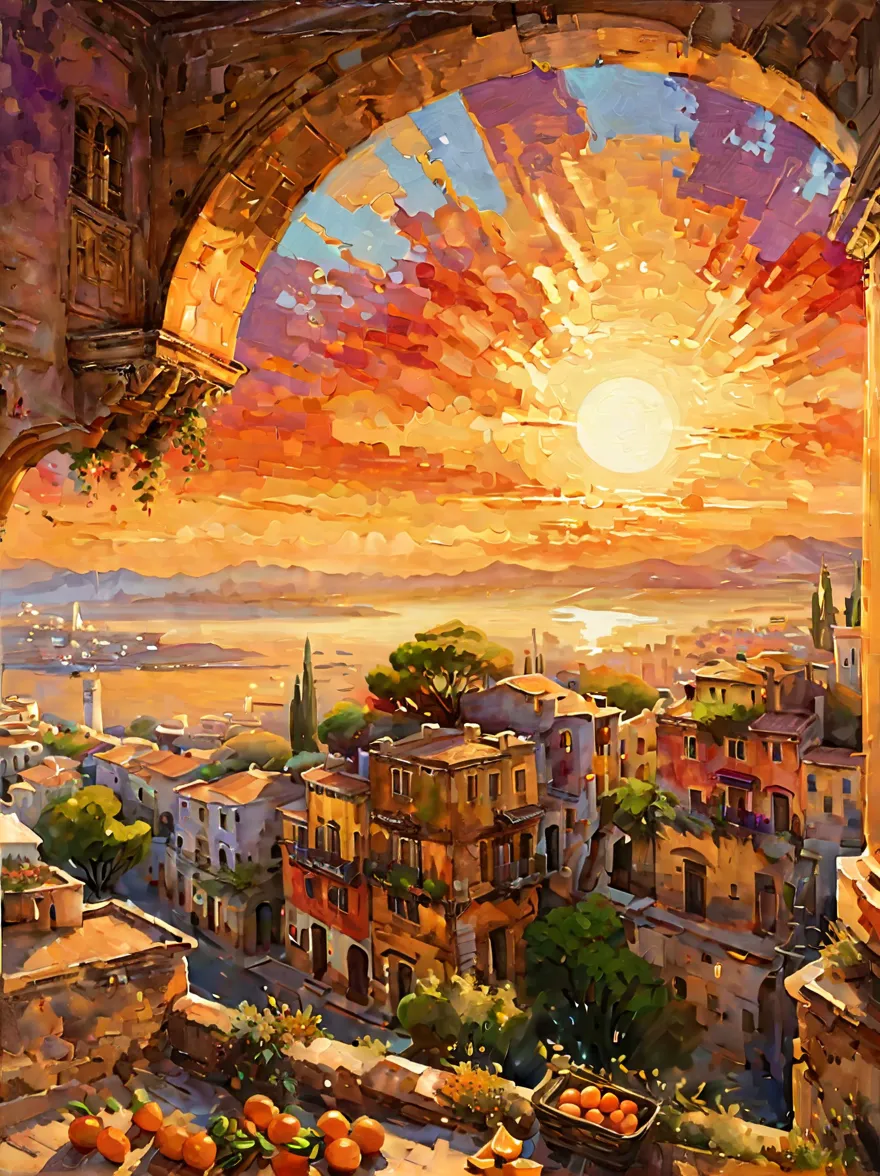 an ancient city at sunset, capturing the essence of the old town and the ambiance of the setting sun. the painting focuses on th...