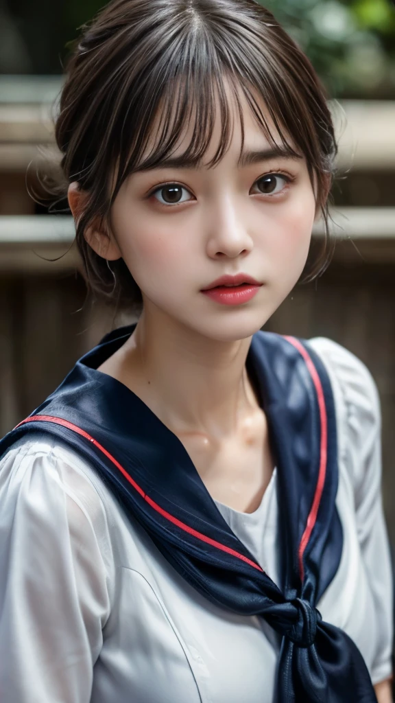 Classic white and black sailor suit,summer clothes,cold look,cold gaze,black hair,,tie hair short,White skin as clear as silk,best realistic depiction,(very detailed美しい顔), wonderful face and eyes, (highest quality:1.4), (Super detailed), (very detailed CG 統合 8k 壁紙), very detailed, High resolution RAW color photos, professional photography, realistic portrait,
 (Detailed full body RAW photo of girl), Canon EOS R5 250mm, sharp focus, cinematic lighting,  (No makeup:1.4), fine skin texture, fine clavicle texture,Detailed texture of sailor suit,Very realistic sailor uniform texture,(Super high resolution:1.6), (realistic:1.6), realistic glowing skin, (sweating:1.4)