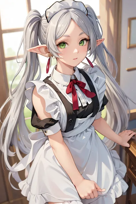 ((masterpiece)), (highest quality), High resolution, super detailed, disorganized, 2D freeze, 1 girl, earrings, goblin, long hair, pointed ears, alone, twin tails, green eyes, earrings, gray hair, looking at the viewer, (White Maid Dress:1.3), (white brim:...