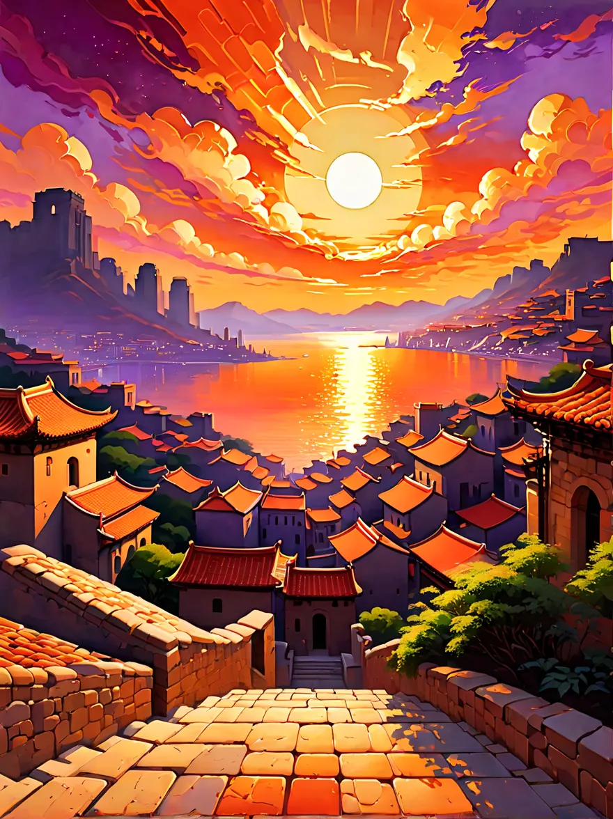 ancient city under sunset，capture the essence of the ancient city and the atmosphere of the sunset。this painting focuses on the ...