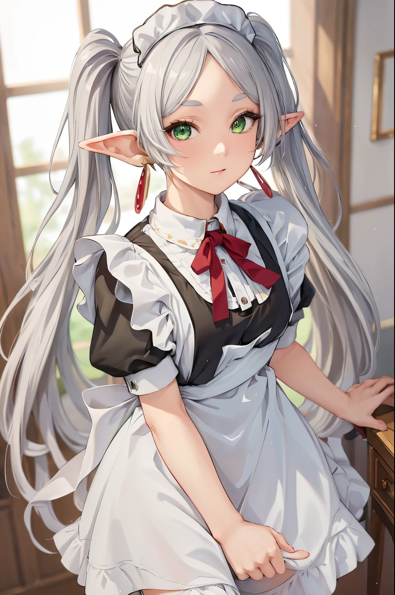 ((masterpiece)), (highest quality), High resolution, super detailed, disorganized, 2D freeze, 1 girl, earrings, goblin, long hair, pointed ears, alone, twin tails, green eyes, earrings, gray hair, looking at the viewer, (White Maid Dress:1.3), (white brim:1.3), Background of the mansion, super detailed手, super detailed指, super detailed目