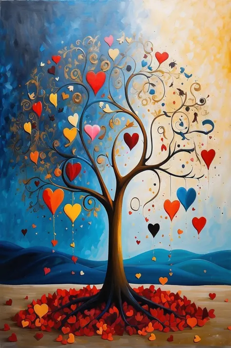Surrealistic Image of a Tree of Life with petals of hearts, in the style of Joan Miro and Gustav klimt, oil painting