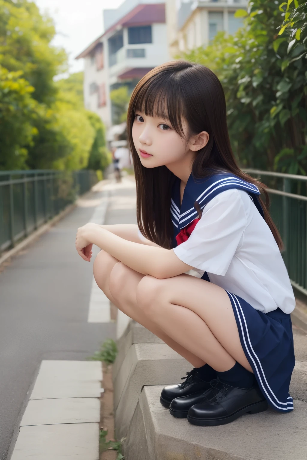 Arafed asian girl in a school uniform crouching down on a wall - SeaArt AI