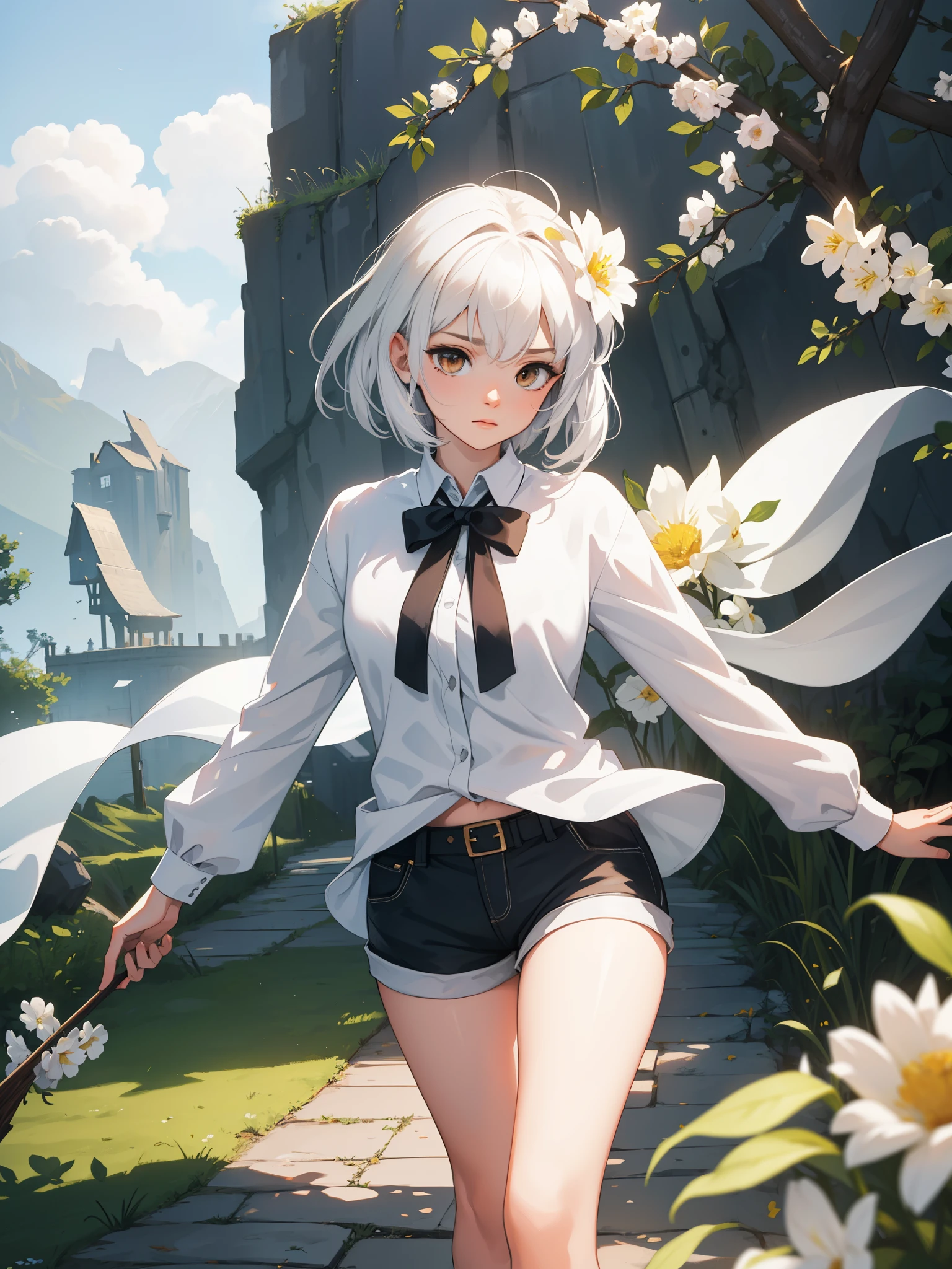 masterpiece, high quality portraits, 3D realistic CG, 16k, dramatic lighting, intricate details，white hair， (bykekitopu),In a trance,Award-winning, best quality, high resolution，Dumb，casual loose coat，short shorts，brown eyes，Scenes，Grassland flower sea,short hair，shy，Not exposed，Make the wind，Winds blowing up