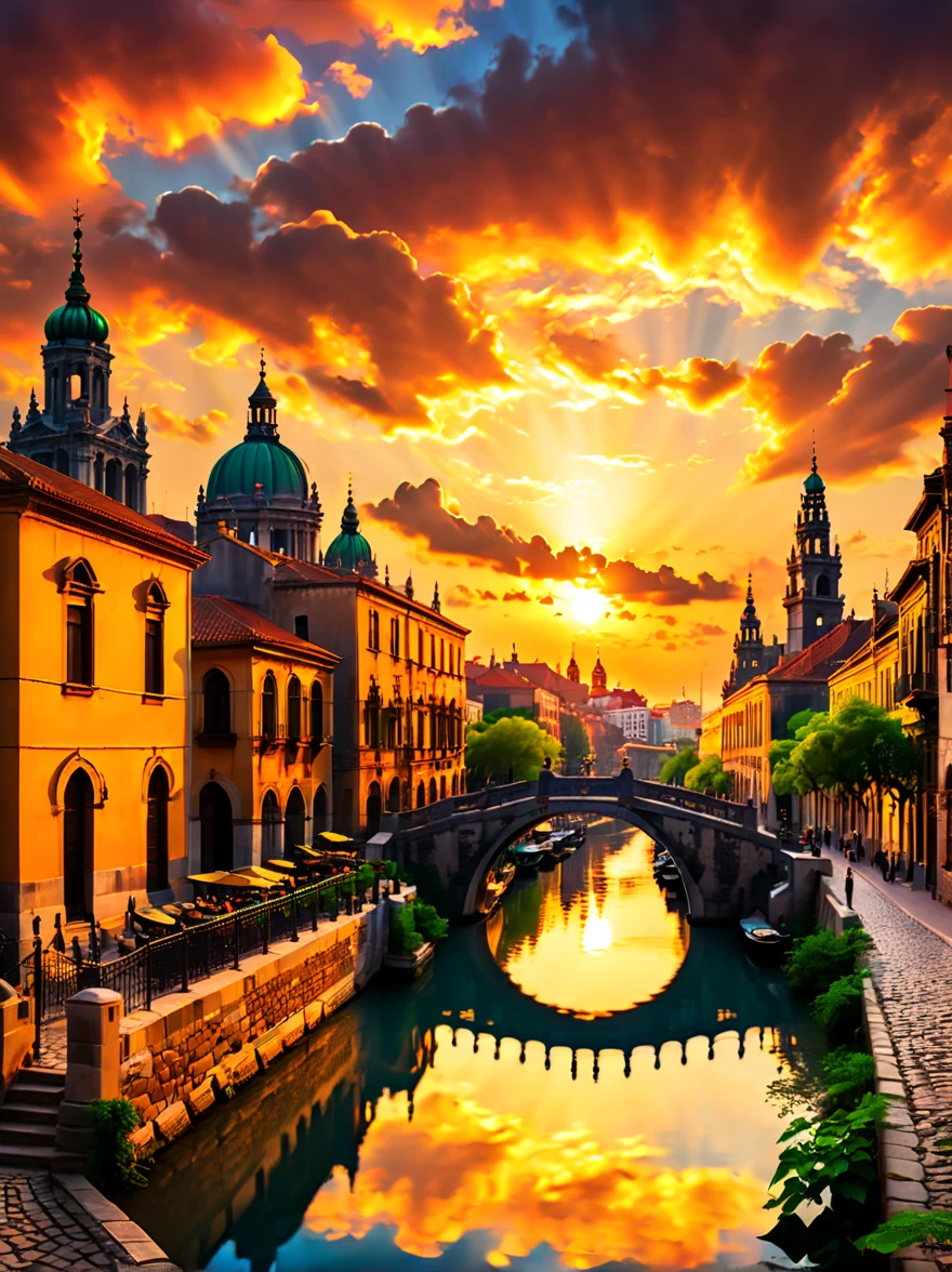 日落時的舊城市景觀, 历史建筑, 溫暖的陽光, 充滿活力的雲彩, 寧靜的水運河, 古橋, 鹅卵石小路, 浪漫氛围, 金色的天空, 圓頂和塔樓的輪廓, 寧靜的夜晚