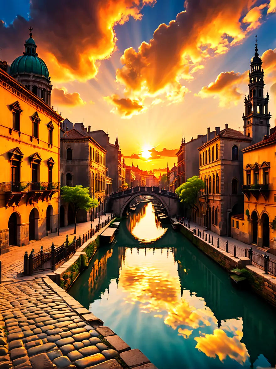 old cityscape at sunset, historical architecture, warm sunlight, vibrant clouds, tranquil water canal, ancient bridges, cobblest...