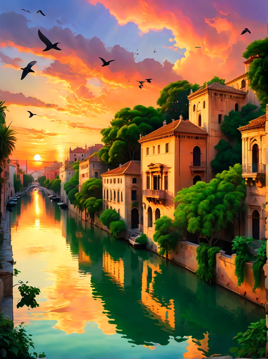 Sonnenuntergang über der antiken Stadt, Warmer Sonnenuntergang, historische Skyline, ruhige Atmosphäre, pastellfarbener Himmel, reflektierende Wasseroberfläche, Grünflächen rund um die Architektur, Vögel im Himmel, ruhige Straßen, Altstadt-Ambiente, warmes Licht auf Fassaden