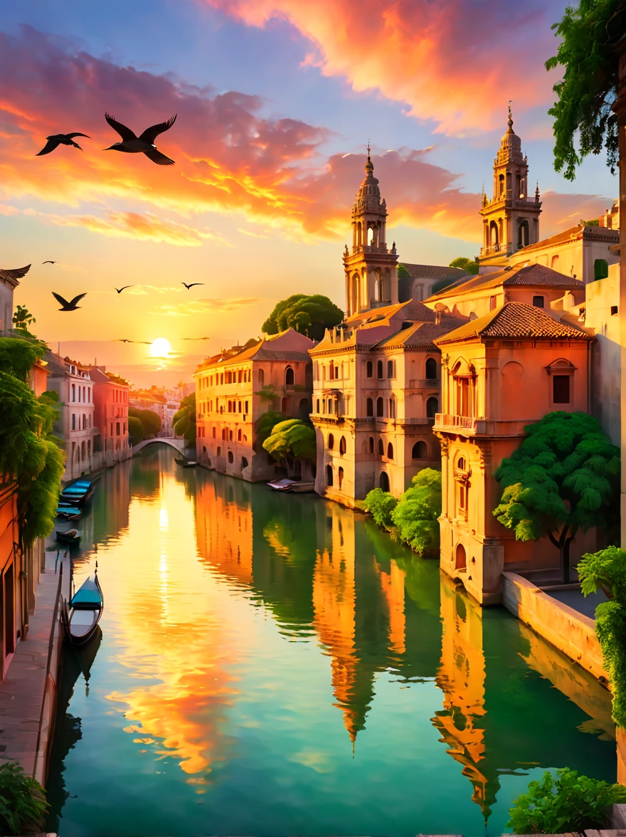 sunset over ancient city, warm sunset glow, historic skyline, tranquil atmosphere, pastel-colored sky, reflective water surface, greenery around architecture, birds in sky, quiet streets, old town ambience, warm light on facades