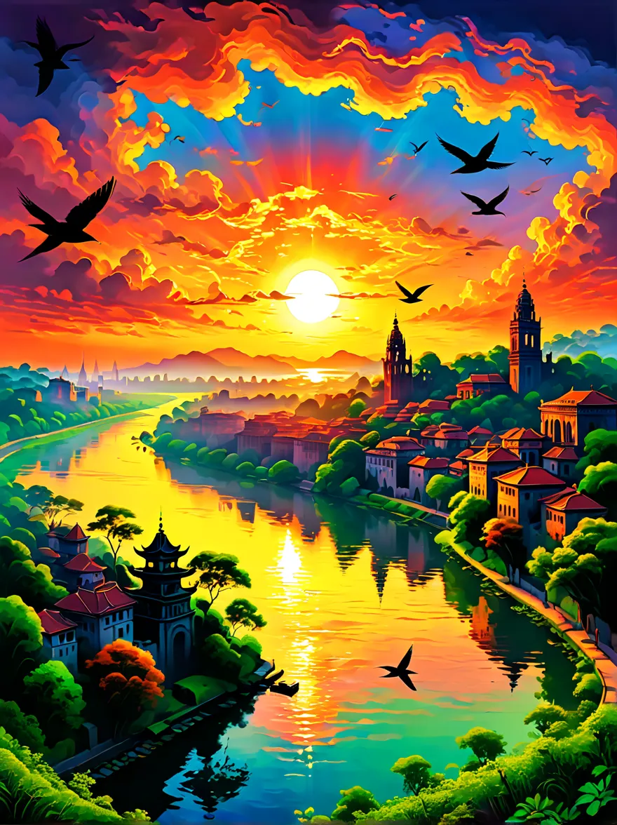 ancient city at sunset, vibrant sunset hues, historical buildings silhouette, glowing sky, peaceful river, reflecting sun, lush ...
