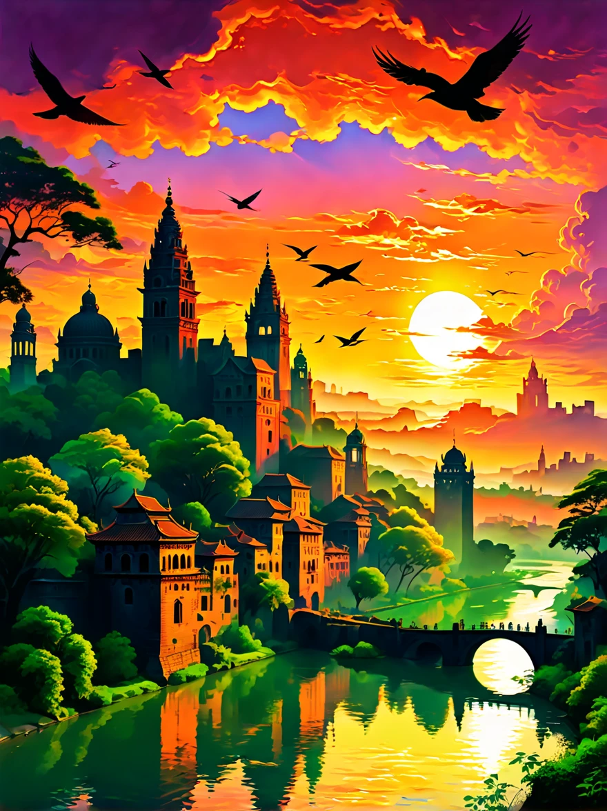 ancient city at sunset, vibrant sunset hues, historical buildings silhouette, glowing sky, peaceful river, reflecting sun, lush greenery, city walls, towers, tranquil atmosphere, old-world charm, birds flying home
