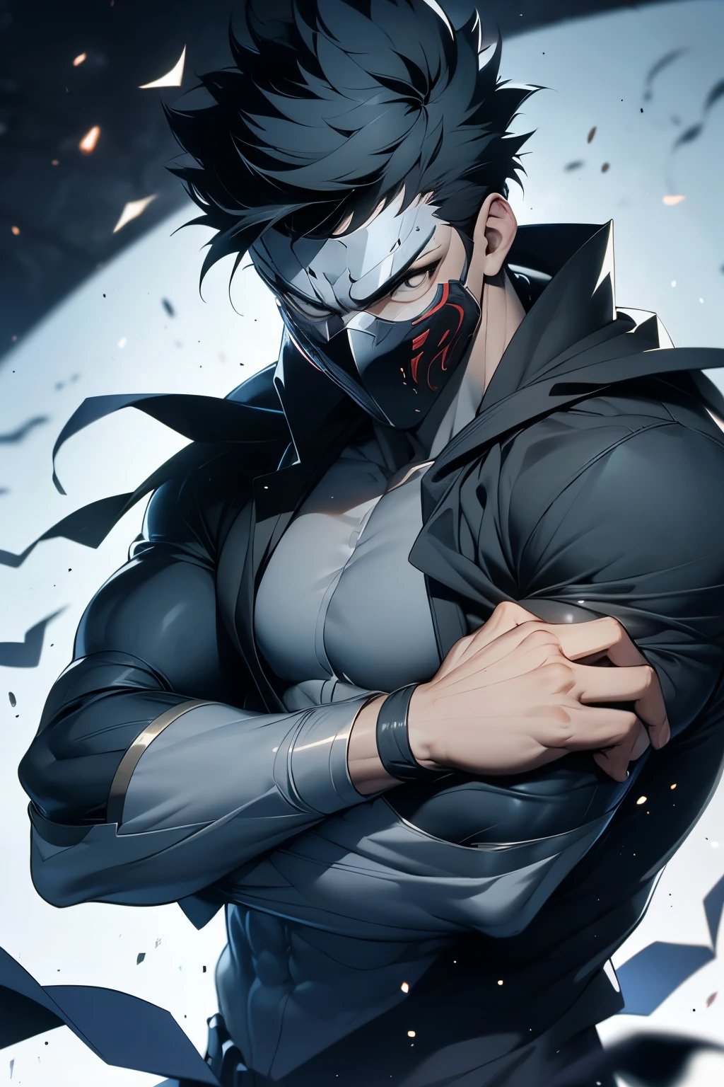 Um homem alto e poderoso vestindo uma camisa cinza com botões, cabelo preto super curto, Usando máscara metálica e escondendo identidade. Antebraços musculosos e prontos para lutar
