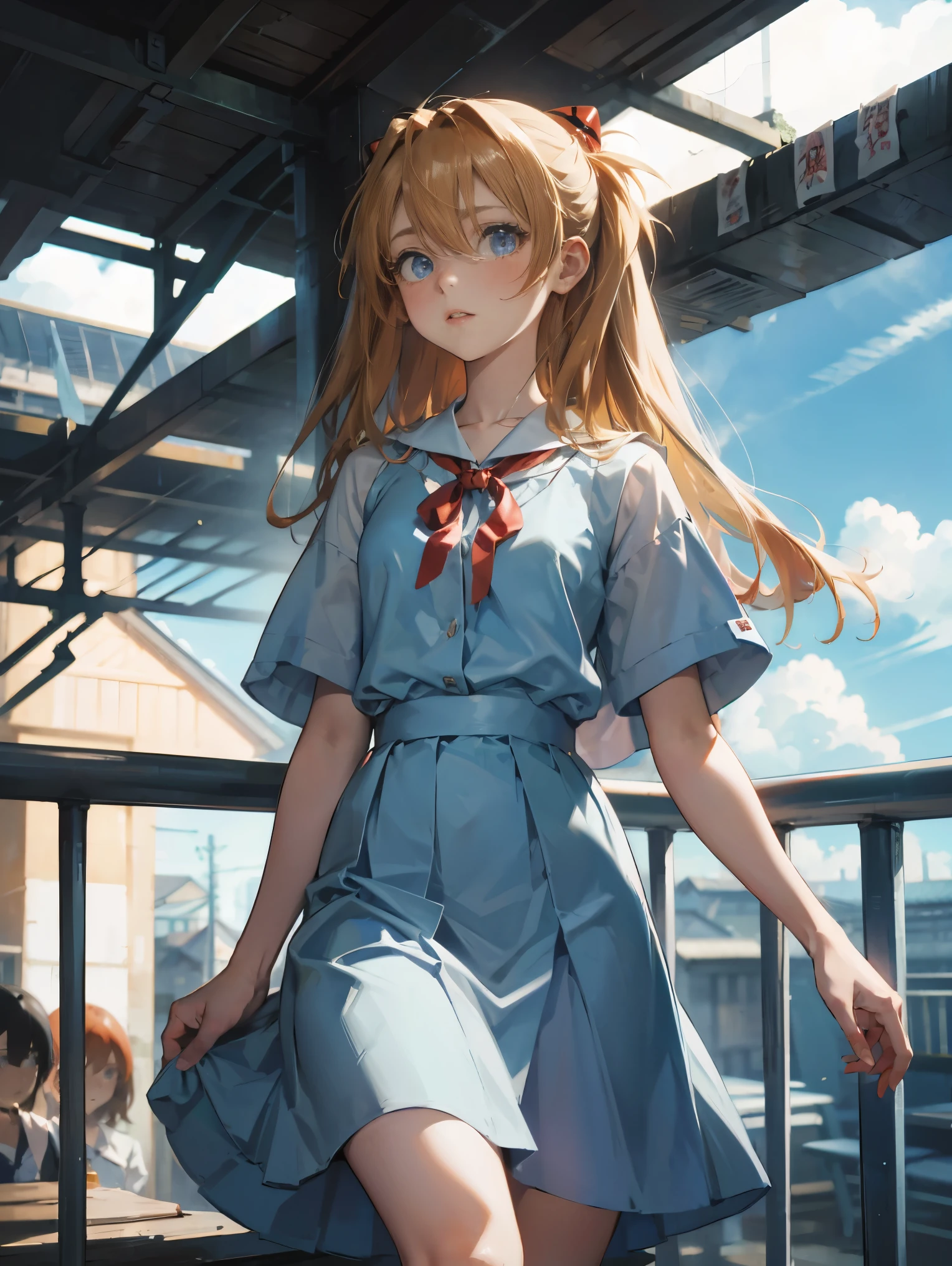 asuka langley soryu，olhos azuis，cabelo entre os olhos，chapéus，fone de ouvido de interface，cabelo laranja，laço vermelho、fitas、uniforme escolar、saias、vestido deslizante、vestido deslizante、Tóquio Não.. 3 Uniforme do ensino médio、arte do álbum，Imagens para contar histórias