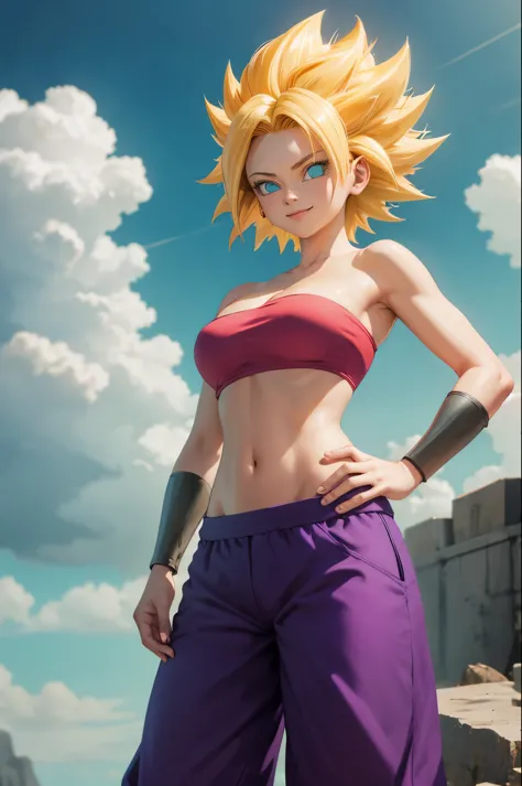 masterpiece, best quality,  ssjcaulifla, blonde hair, aqua eyes, tube top, purple pants, bracers, cowboy shot, looking at viewer...