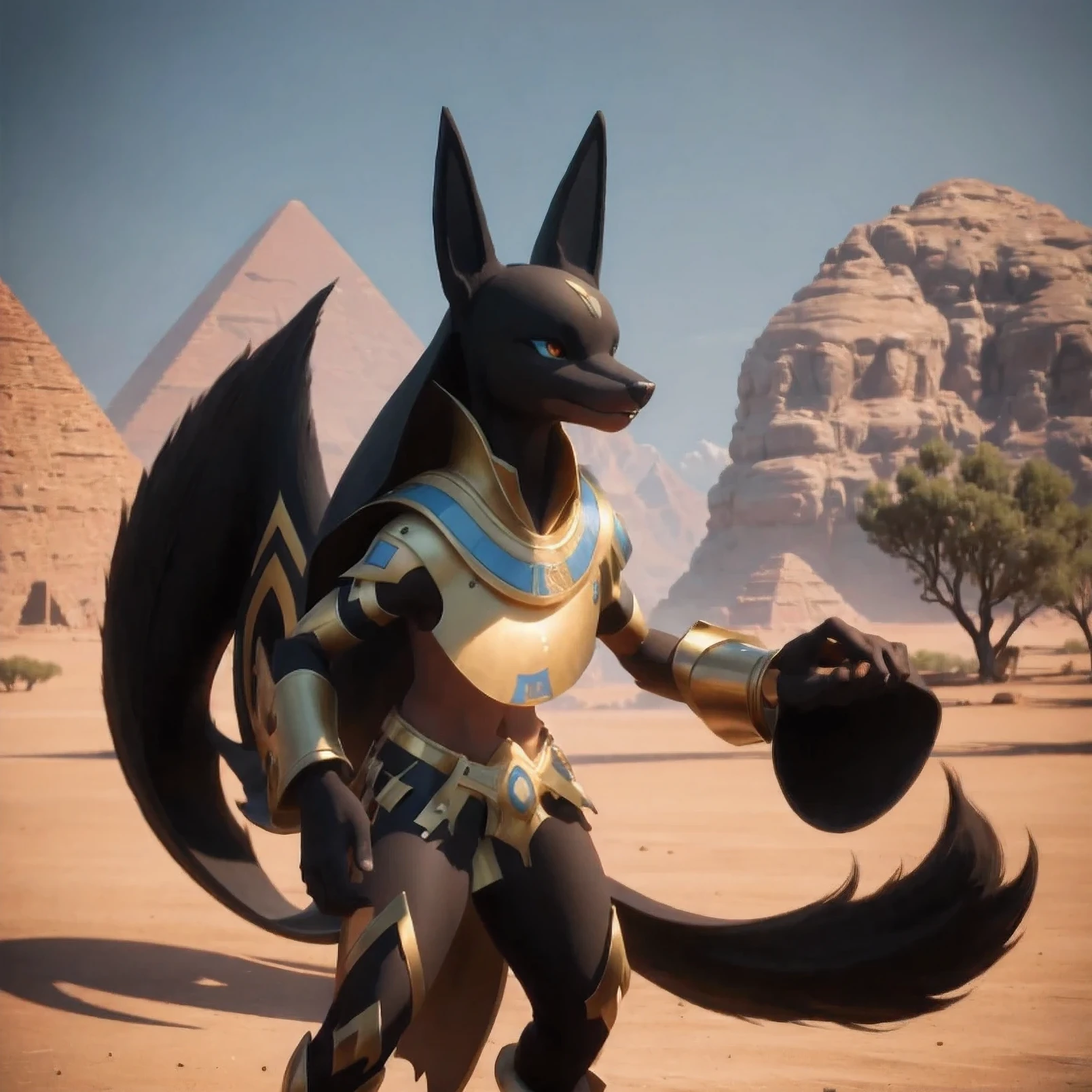 anubis, Surrealism, high detail, modern, motion blur, ray tracing, film grain, drop shadow, UHD, masterpiece, anatomically correct, super detail, 4K, (straight pose)model photo shot of a game character, palworld, pokemon, egyptian anubis, black and gold, standing on the dessert, look at the viewer