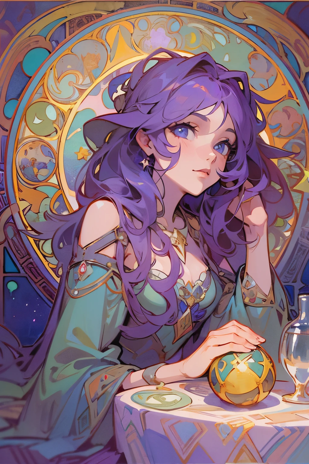 (masterpiece, highest quality, highest quality, official art, beautiful and aesthetic:1.2), (1 girl:1.3), wavy long hair, light purple hair, very detailed, portrait, looking straight ahead at the viewer, alone, (whole body:0.6), detailed background, close, shining eyes,fortune teller, Mysterious, sitting at the table, colorful shoulderless loose gypsy fortune teller clothes, holy grail, crystal ball, Medieval (inner tent:1.1) background, tent curtains in background, dark Mysterious lighting, Shadow, magical atmosphere, starry night,, Dutch angle horoscope、Mysterious, Alphonse Mucha&#39;s Art Nouveau line, Art Nouveau line,　awesome full color,　watercolor painting　
