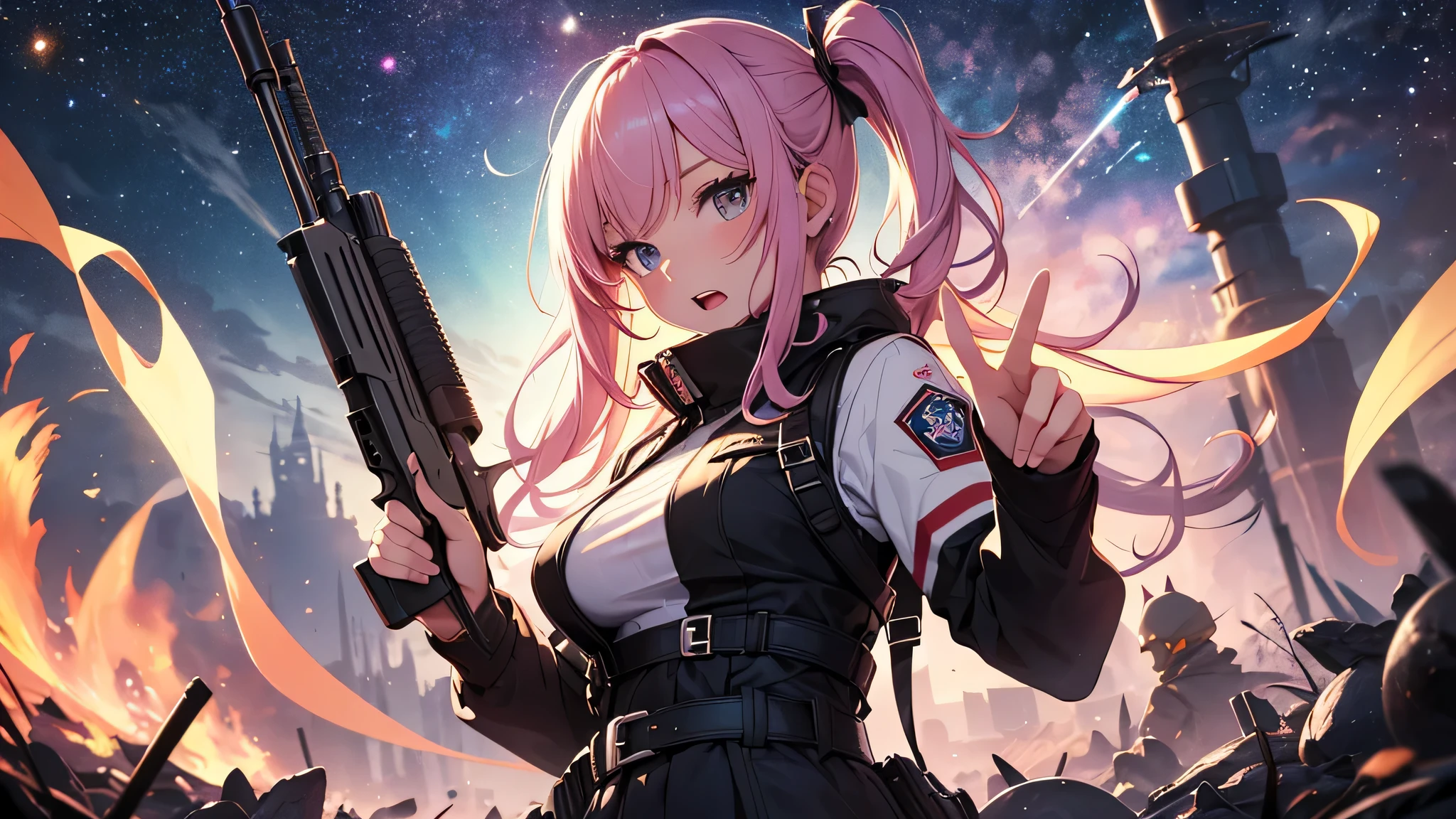 A woman with pink hair holding a gun in front of a city SeaArt AI