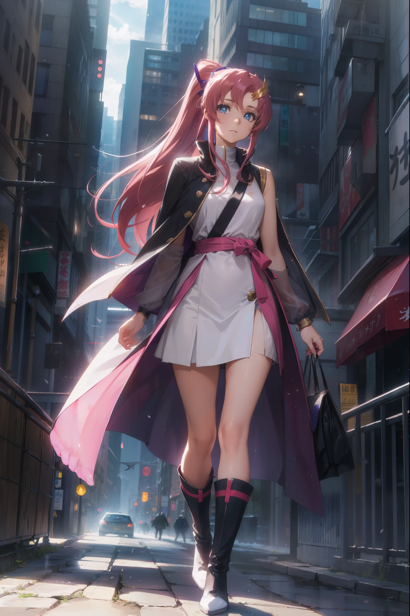 lacusclyne, lacus clyne, blue eyes, hair ornament, long hair, wave hair ornament, pink hair, ponytail, hair ribbon, hair clip,
BREAK ankle boots, black robe, boots, coat, long sleeves, red ribbon, ribbon, robe, sidelocks, sleeveless coat, white coat, white footwear,
BREAK outdoors, city,
BREAK looking at viewer, BREAK (masterpiece:1.2), best quality, high resolution, unity 8k wallpaper, (illustration:0.8), (beautiful detailed eyes:1.6), extremely detailed face, perfect lighting, extremely detailed CG, (perfect hands, perfect anatomy),