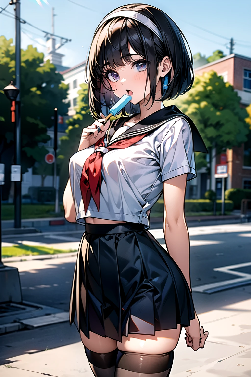 Body 8 times longer than head, (High-definition CG Unity 8K), (highest quality)，(very detailed)，(ultra high resolution), black hair, High school girl wearing a navy sailor suit, anime 2d rendering, realistic young anime , ((white headband)), small breasts, tall, slanted eyes, (school scenery), black stockings, open your mouth a little, dark blue skirt, bob cut,  Put popsicles in your mouth,