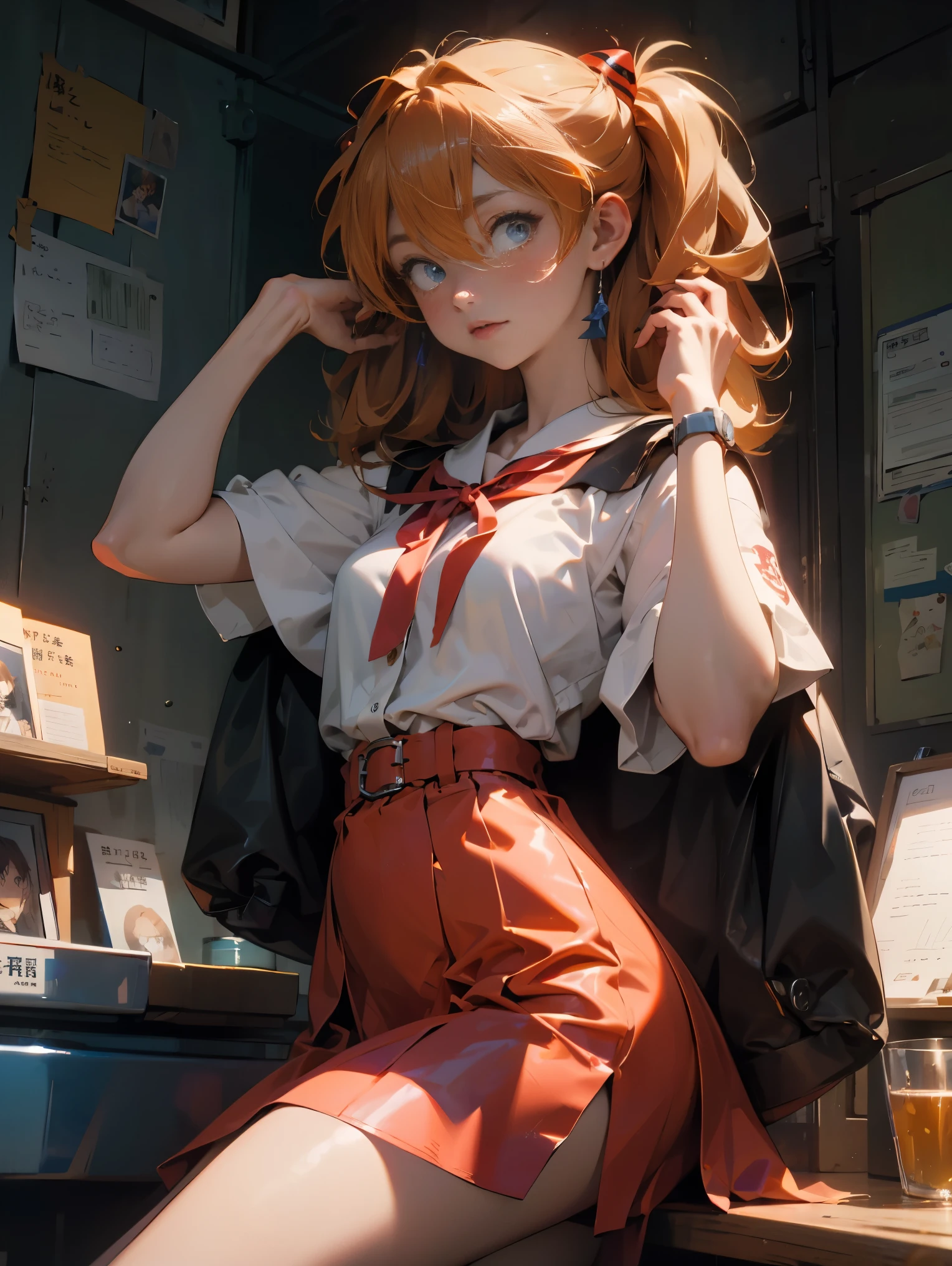 asuka langley soryu，olhos azuis，cabelo entre os olhos，chapéus，fone de ouvido de interface，cabelo laranja，laço vermelho、fitas、uniforme escolar、saias、vestido deslizante、vestido deslizante、Tóquio Não.. 3 Uniforme do ensino médio、arte do álbum，Imagens para contar histórias