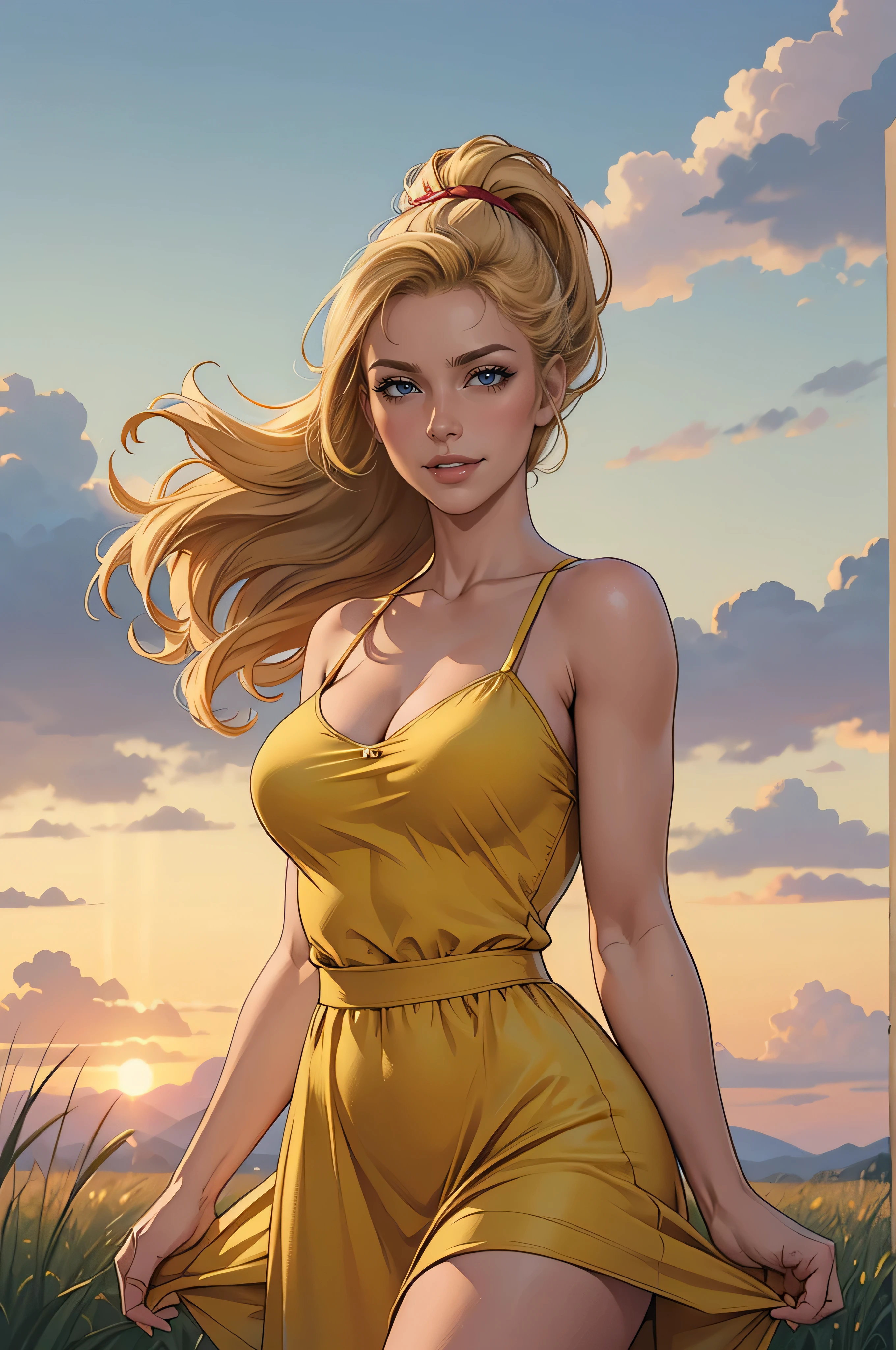 photorealistic,realistic, solo, photorealistic, best quality, ultra high res, 1girl,, , blonde hair in a ponytail, wearing a yellow sundress, breeze blowing through the grass,, , 1girl,, beautiful, masterpiece, best quality, extremely detailed face, perfect lighting, 1girl, solo,, , best quality, ultra high res, photorealistic,, ultra detailed,, masterpiece, best quality, , nancy1, large breasts, cleavage,, breast curtains, ,