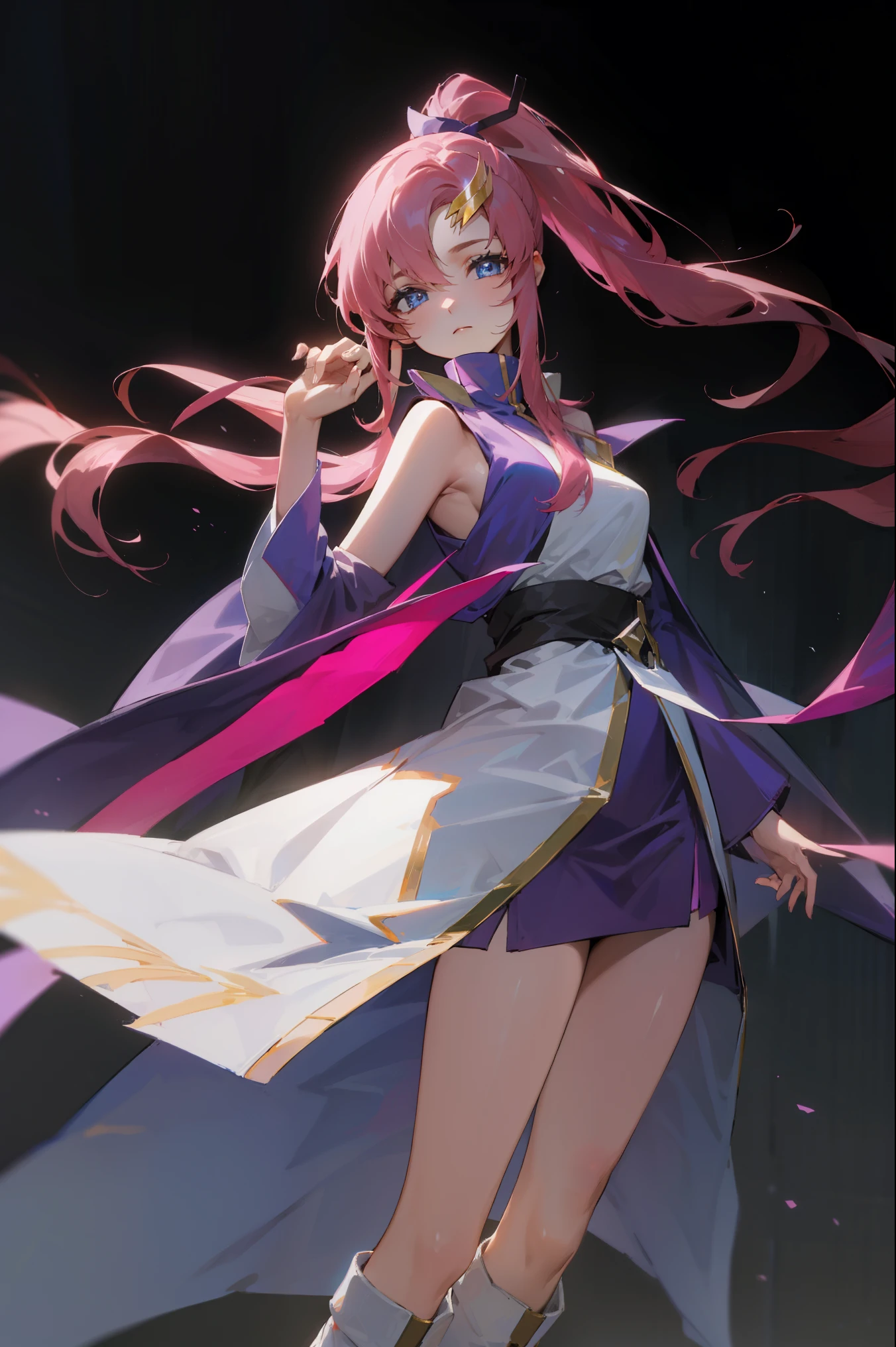 lacusclyne, lacus clyne, blue eyes, hair ornament, long hair, wave hair ornament, pink hair, ponytail, hair ribbon, hair clip,
BREAK ankle boots, black robe, boots, coat, long sleeves, red ribbon, ribbon, robe, sidelocks, sleeveless coat, white coat, white footwear,
BREAK outdoors, city,
BREAK looking at viewer, BREAK (masterpiece:1.2), best quality, high resolution, unity 8k wallpaper, (illustration:0.8), (beautiful detailed eyes:1.6), extremely detailed face, perfect lighting, extremely detailed CG, (perfect hands, perfect anatomy),