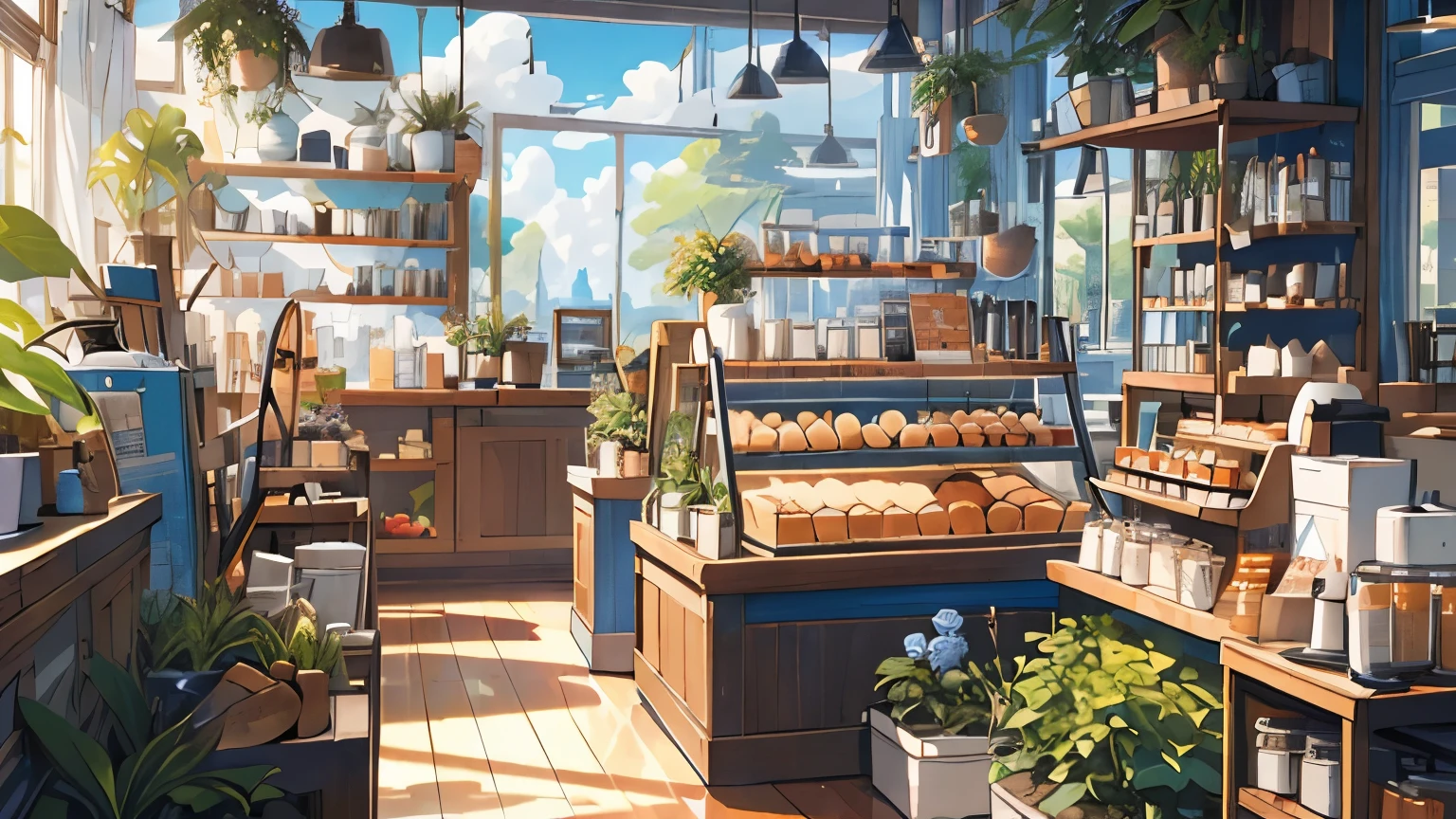 (Meisterwerk:1.2), beste Qualität,pixiv,gemütliche Animationsszenen,
Landschaft, keine Menschen, Himmel, Anlage, Fenster, Essen, Wolke, Tag, Tasse, shelf, Baum, Krug, Tisch, Flasche, Sonnenlicht, blue Himmel, drinnen, potted Anlage, brot, Platte, Stuhl, Geschäft, Elektrolüfter, 
 