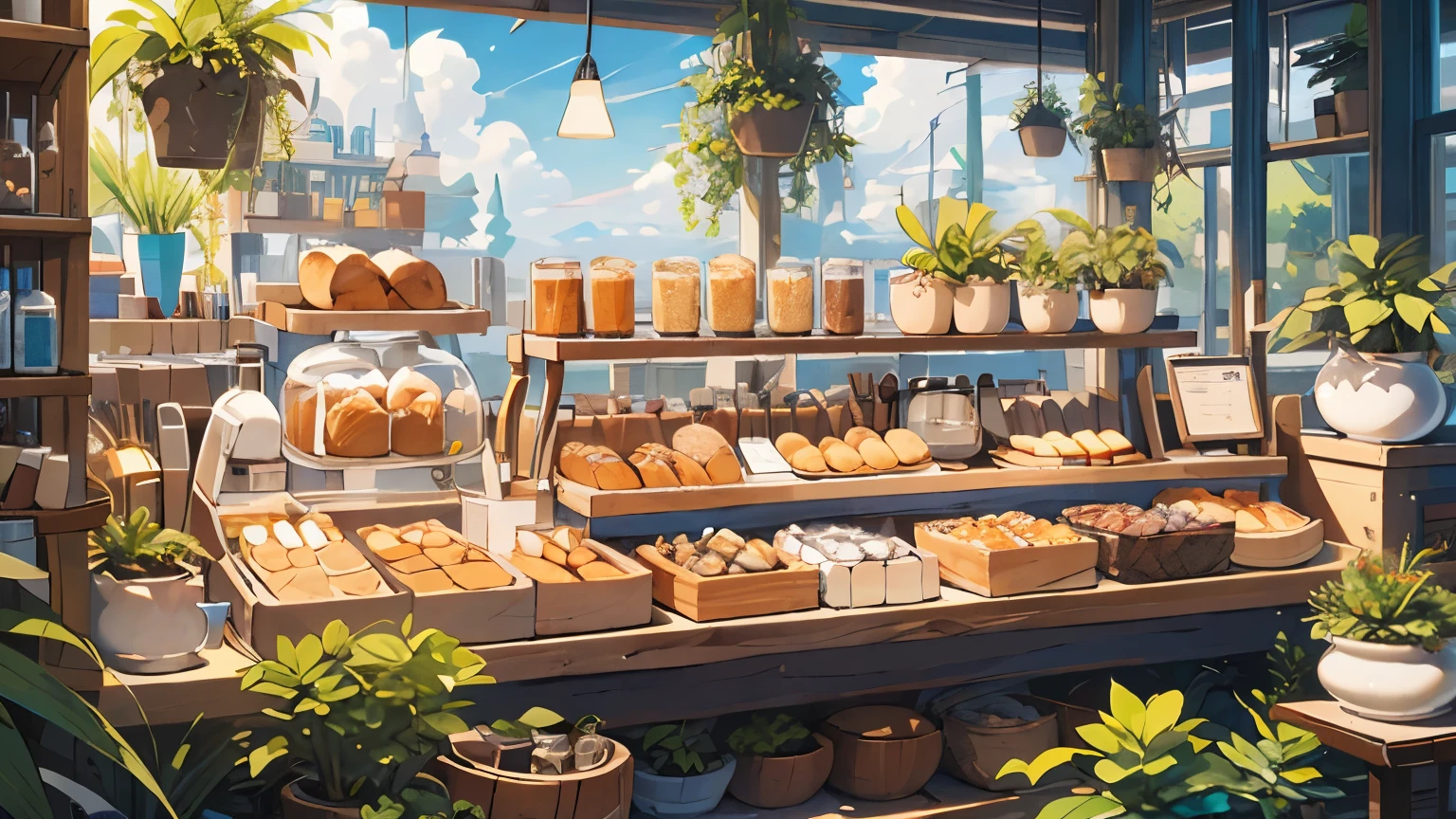 (masterpiece:1.2), best quality,PIXIV,cozy animation scenes,
scenery, no humans, sky, plant, window, food, cloud, day, cup, shelf, tree, jar, table, bottle, sunlight, blue sky, indoors, potted plant, bread, plate, chair, shop, electric fan, 
 