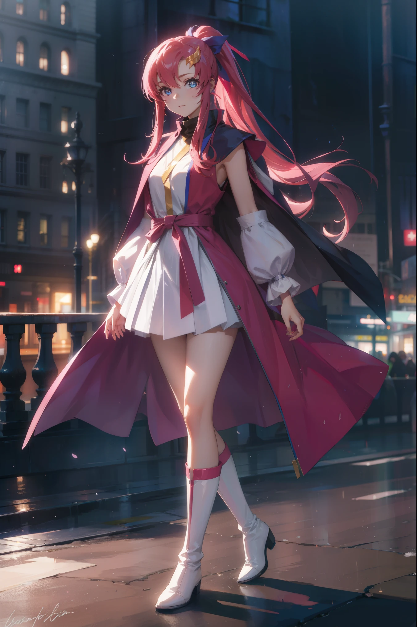 lacusclyne, lacus clyne, blue eyes, hair ornament, long hair, wave hair ornament, pink hair, ponytail, hair ribbon, hair clip,
BREAK ankle boots, black robe, boots, coat, long sleeves, red ribbon, ribbon, robe, sidelocks, sleeveless coat, white coat, white footwear,
BREAK outdoors, city,
BREAK looking at viewer, BREAK (masterpiece:1.2), best quality, high resolution, unity 8k wallpaper, (illustration:0.8), (beautiful detailed eyes:1.6), extremely detailed face, perfect lighting, extremely detailed CG, (perfect hands, perfect anatomy),