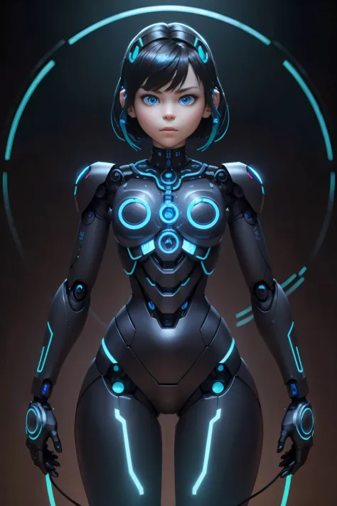 a humanoid robot with piercing neon blue eyes and wires extending from its mechanical body. --c 12 --s 850 --q 2