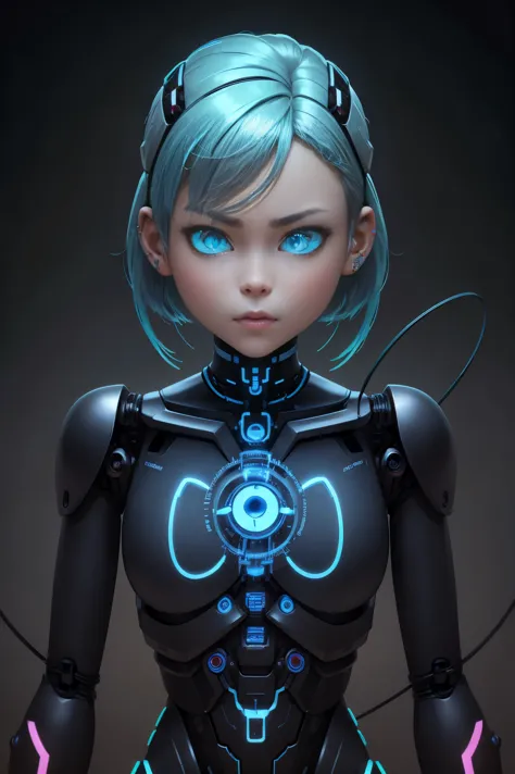 A humanoid robot with piercing neon blue eyes and wires extending from its mechanical body. --c 12 --s 850 --q 2