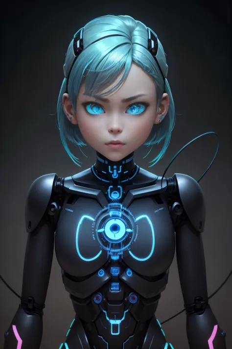 a humanoid robot with piercing neon blue eyes and wires extending from its mechanical body. --c 12 --s 850 --q 2