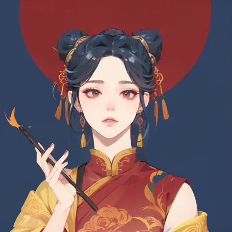 Close-up of a woman holding a stick and a red hat, palace ， A girl wearing Hanfu, beautiful figure painting, Inspired by Chen Da...