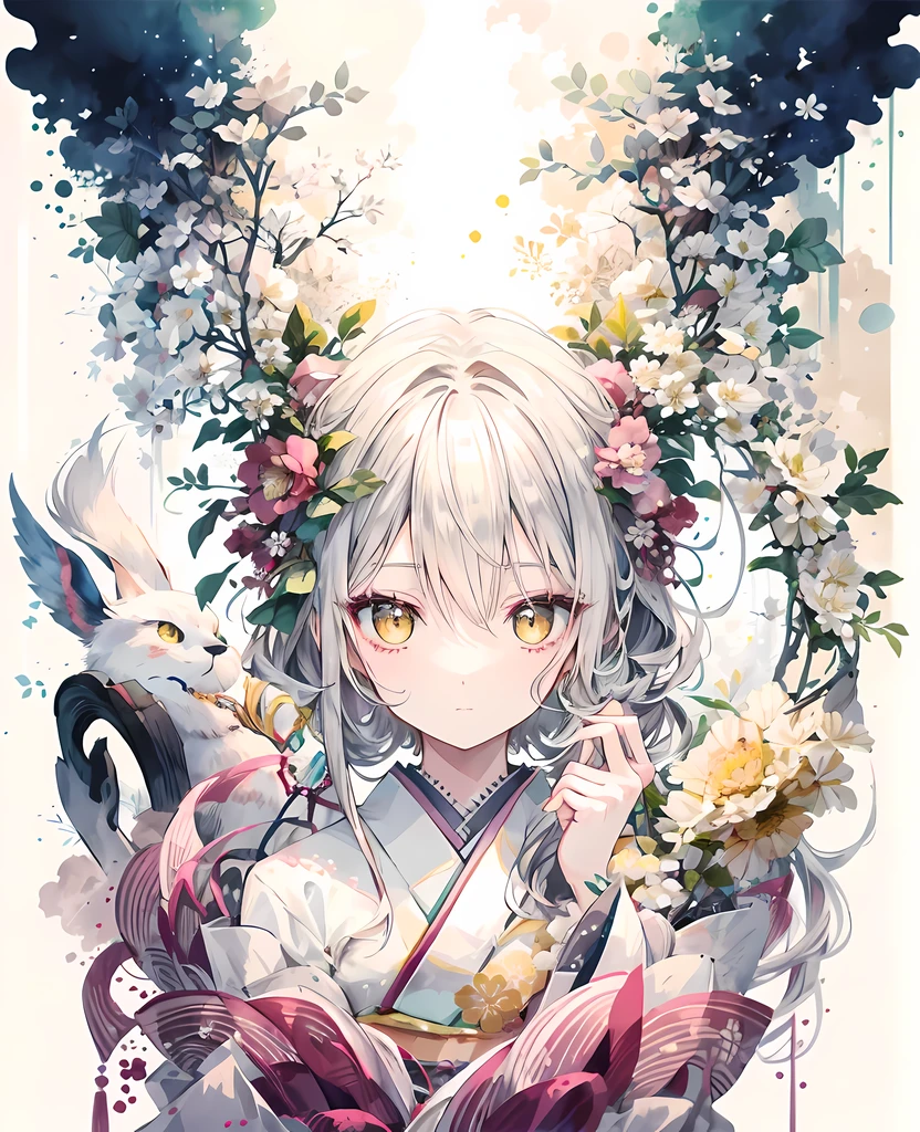 Miss, silver long hair, kimono, long sleeves, big deal ,beautiful face, yellow eyes