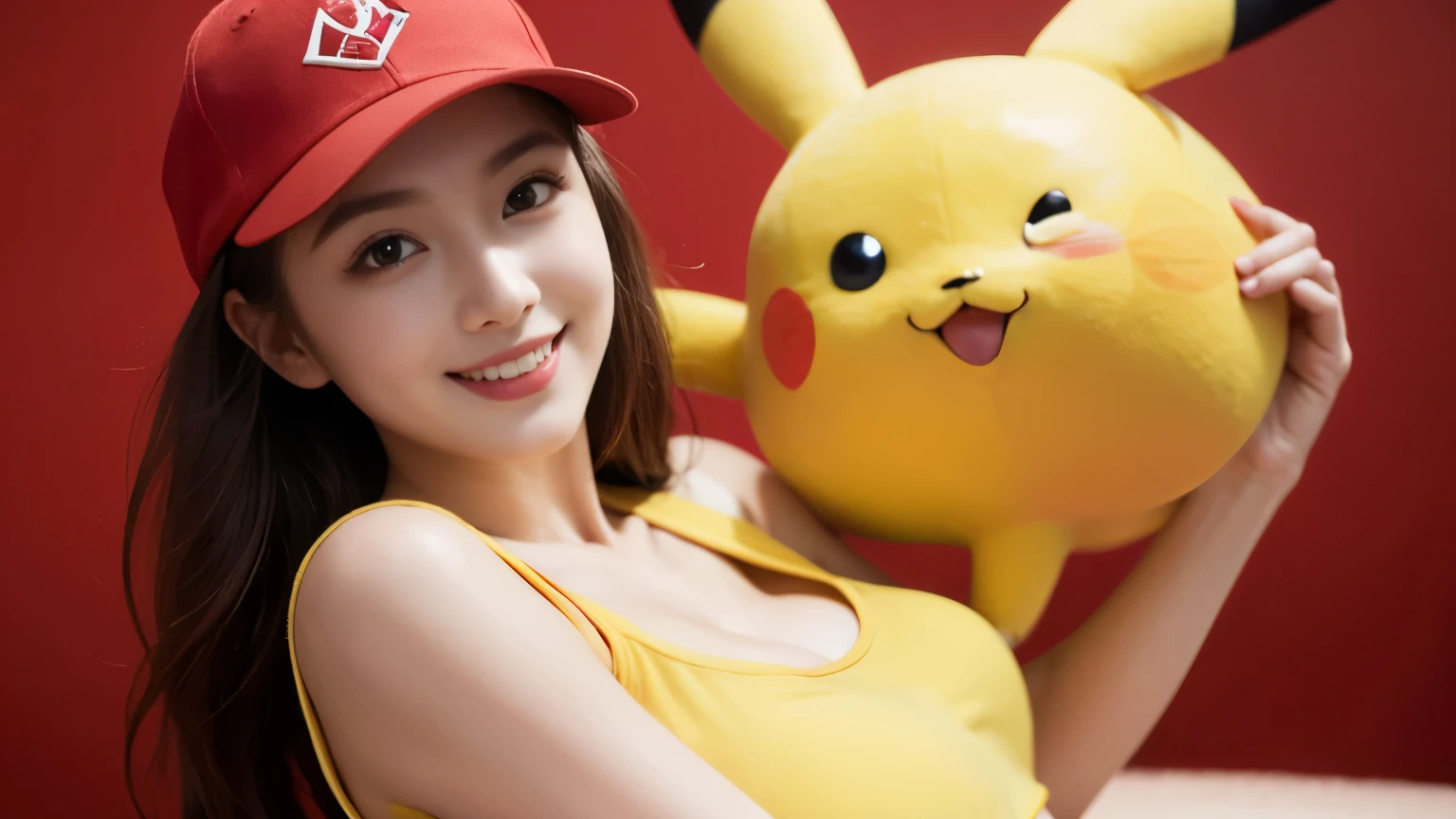 Araffe girl in a yellow shirt and a red hat holding a pikachu - SeaArt AI