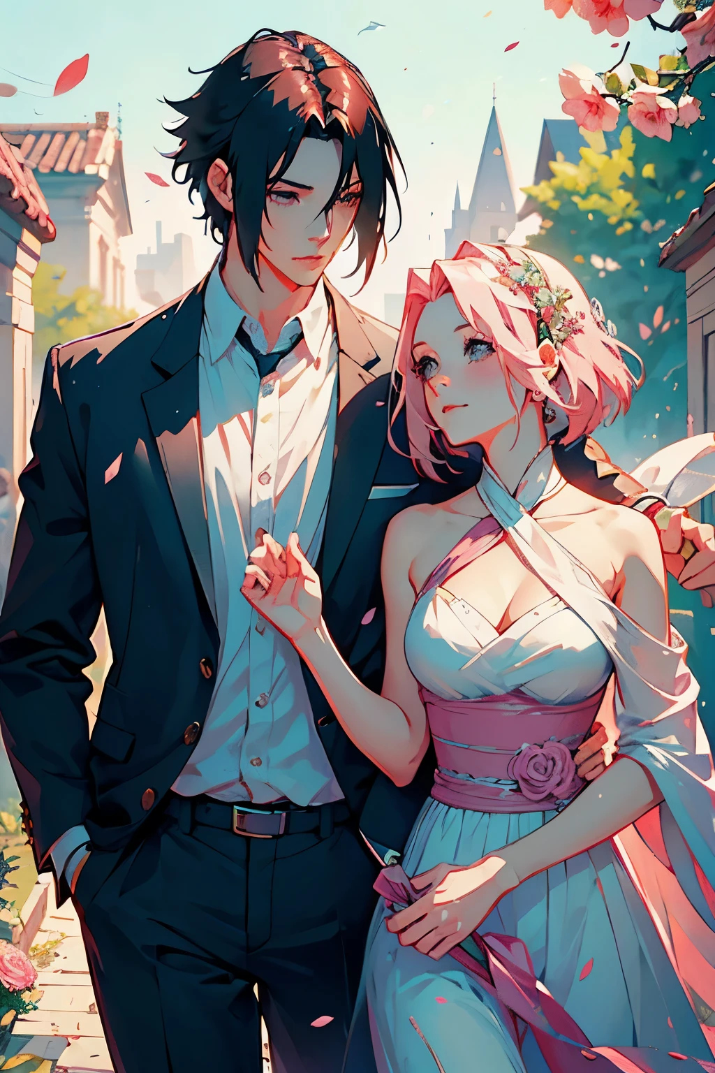 Sasusaku The couple in the photo are deeply in love and lost in the moment. Sasuke, The man is tall and handsome, with chiselled features and piercing black eyes. He has a confident and charismatic demeanor, And his love for the woman is evident in the way he looks at her with adoration. He's wearing a white shirt, increasing its sophisticated and refined appearance. The woman is equally stunning with soft features and delicate strokes, low water. Ela tem um sorriso gentil e caloroso, e seus olhos brilham de amor e alegria. Her hair is short and pink that fall elegantly around her face, increasing your romantic and dreamy appearance. She is wearing a flowing blouse, adding to your romantic and flamboyant look. Junto, o casal parece ter acabado de sair de um conto de fadas. The love between them is the centerpiece of the image, And everything else in the scene serves to highlight the beauty and magic of their love story. They are alone. (Duas pessoas). it&#39;s night, They are in a garden.