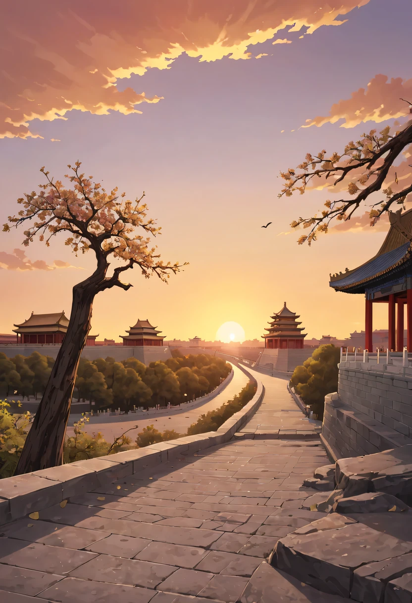 Gaze at the distant skyline，那Sunset余晖与古老的the forbidden city映造出一道美丽的风景，Ancient road westerly wind，the forbidden city，Sunset，Sunset，cloud，fallen flowers，ancient city，dead tree，mottled，grassland，Silent and desolate，Old crow