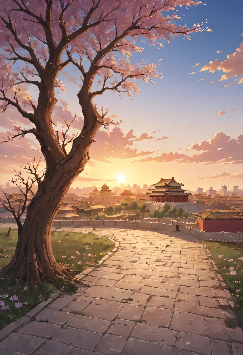 Gaze at the distant skyline，那Sunset余晖与古老的the forbidden city映造出一道美丽的风景，Ancient road westerly wind，the forbidden city，Sunset，Sunset，cloud，fallen flowers，ancient city，dead tree，mottled，grassland，Silent and desolate，Old crow