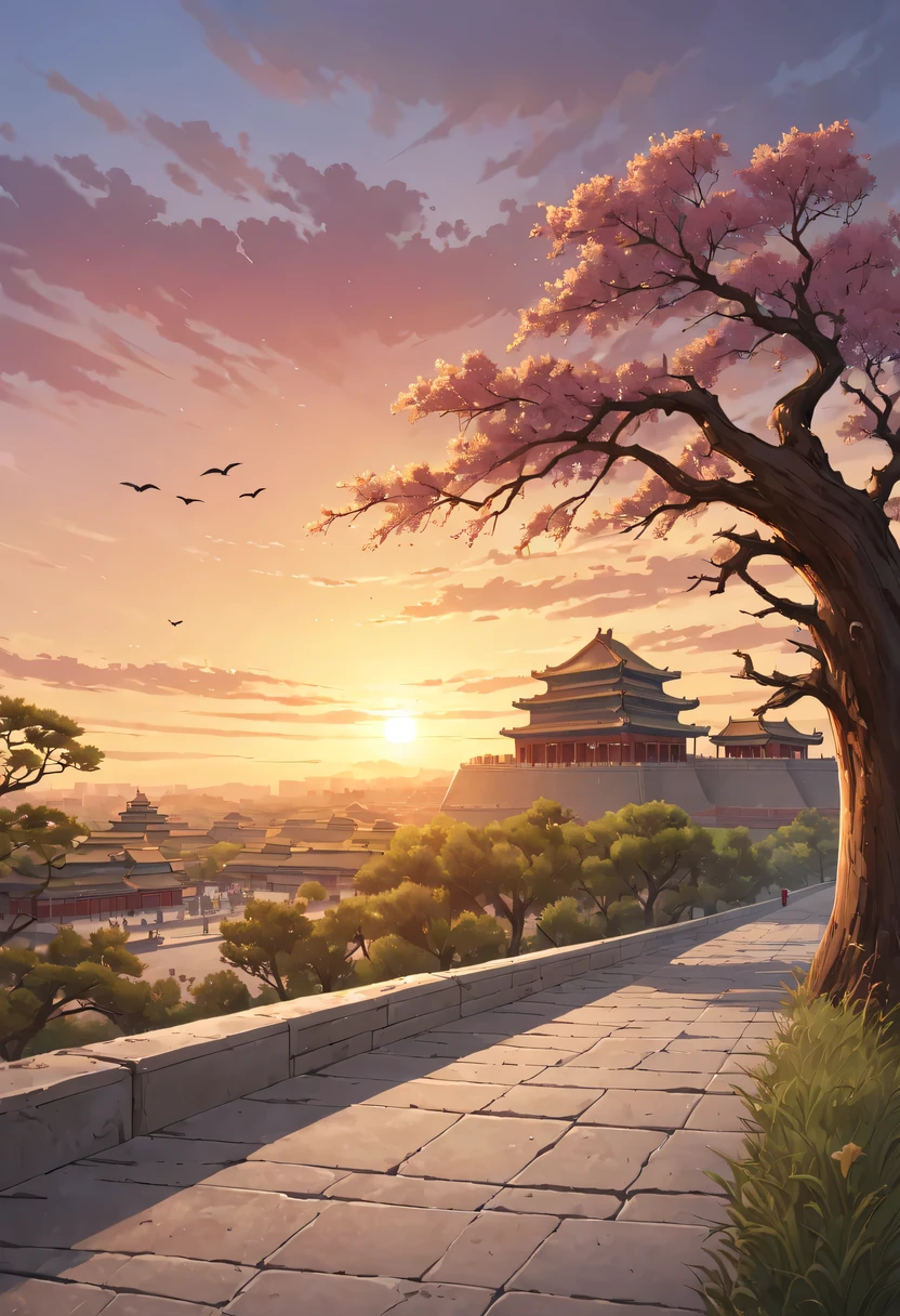 Gaze at the distant skyline，那Sunset余晖与古老的the forbidden city映造出一道美丽的风景，Ancient road westerly wind，the forbidden city，Sunset，Sunset，cloud，fallen flowers，ancient city，dead tree，mottled，grassland，Silent and desolate，Old crow