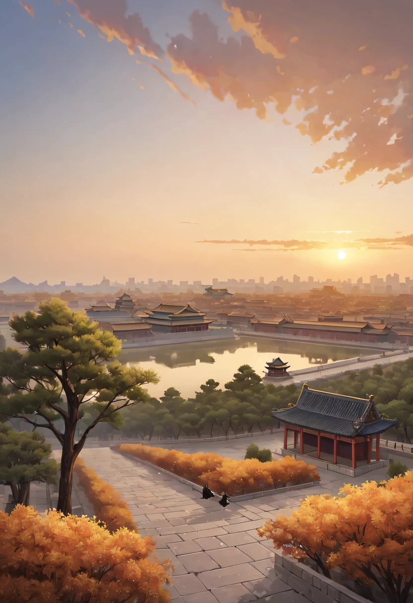 Gaze at the distant skyline，那Sunset余晖与古老的the forbidden city映造出一道美丽的风景，Ancient road westerly wind，the forbidden city，Sunset，Sunset，cloud，fallen flowers，ancient city，dead tree，mottled，grassland，Silent and desolate，Old crow