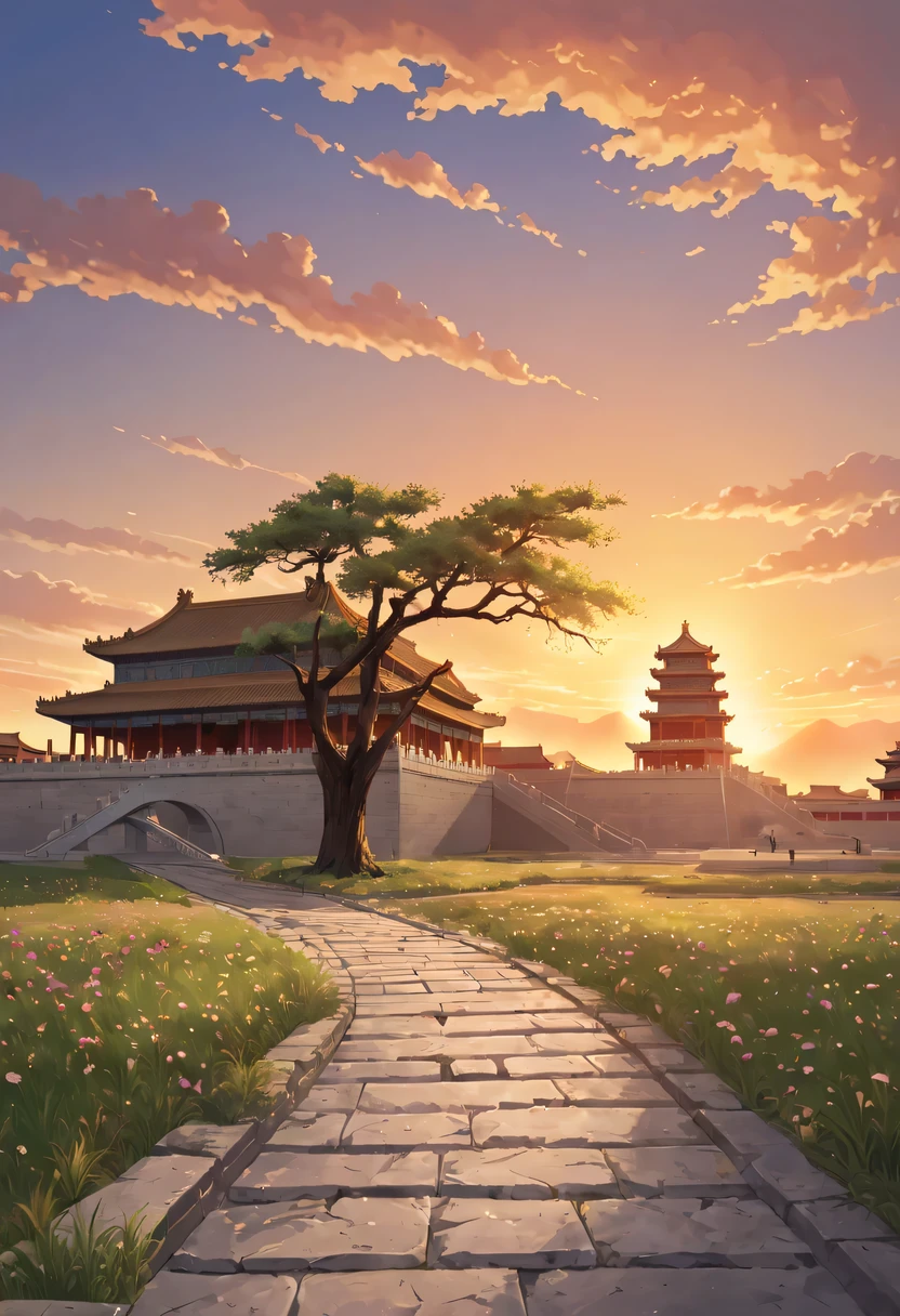 Gaze at the distant skyline，那Sunset余晖与古老的the forbidden city映造出一道美丽的风景，Ancient road westerly wind，the forbidden city，Sunset，Sunset，cloud，fallen flowers，ancient city，dead tree，mottled，grassland，Silent and desolate，Old crow